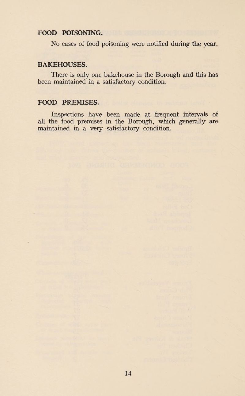 FOOD POISONING. No cases of food poisoning were notified during the year. BAKEHOUSES. There is only one bakehouse in the Borough and this has been maintained in a satisfactory condition. FOOD PREMISES. Inspections have been made at frequent intervals of all the food premises in the Borough, which generally are maintained in a very satisfactory condition.