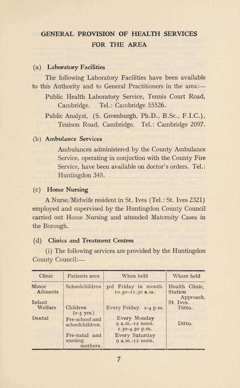 GENERAL PROVISION OF HEALTH SERVICES FOR THE AREA (a) Laboratory Facilities The following Laboratory Facilities have been available to this Authority and to General Practitioners in the area:— Public Health Laboratory Service, Tennis Court Road, Cambridge. Teh: Cambridge 55526. Public Analyst, (S. Greenburgh, Ph.D., B.Sc., F.I.C.), Tenison Road, Cambridge. Tel.: Cambridge 2097. (b) Ambulance Services Ambulances administered by the County Ambulance Service, operating in conjuction with the County Fire Service, have been available on doctor’s orders. Tel.: Huntingdon 348. (c) Home Nursing A Nurse/Midwife resident in St. Ives (Tel.: St. Ives 2321) employed and supervised by the Huntingdon County Council carried out Home Nursing and attended Maternity Cases in the Borough. (d) Clinics and Treatment Centres (i) The following services are provided by the Huntingdon County Council:— Clinic Patients seen When held Where held Minor Schoolchildren 3rd Friday in month. Health Clinic, Ailments 10.30-11.30 a.m. Station Approach, Infant St. Ives. Welfare Children Every Friday. 2-4 p.m. Ditto. (0-5 yrs.) Dental Pre-school and Every Monday schoolchildren. 9 a.m.-12 noon. Ditto. 1.30-4.30 p.m. Pre-natal and Every Saturday nursing 9 a.m.-12 noon. mothers.