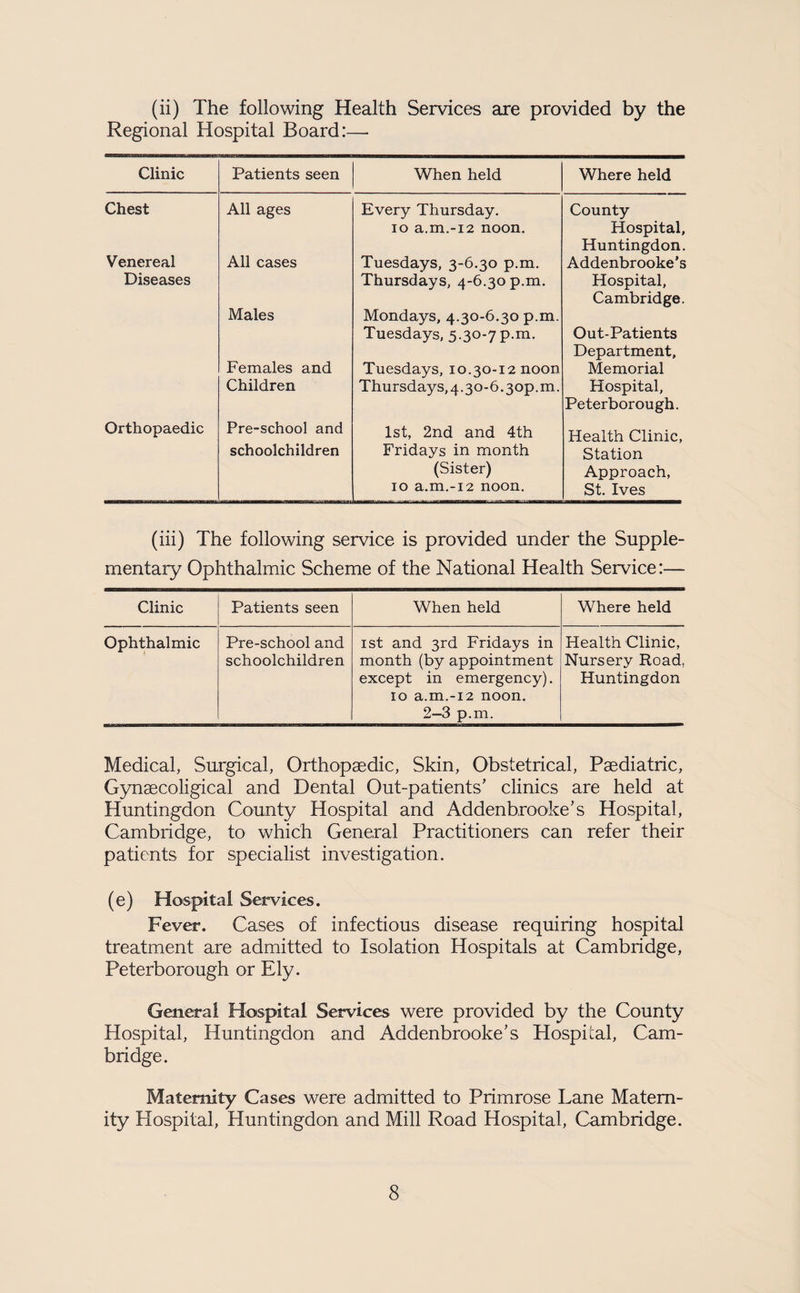 (ii) The following Health Services are provided by the Regional Hospital Board:—■ Clinic Patients seen When held Where held Chest All ages Every Thursday. County lo a.m.-i2 noon. Hospital, Huntingdon. Venereal All cases Tuesdays, 3-6.30 p.m. Addenbrooke’s Diseases Thursdays, 4-6.30 p.m. Hospital, Cambridge. Males Mondays, 4.30-6.30 p.m. Tuesdays, 5.30-7p.m. Out-Patients Department, Females and Tuesdays, 10.30-12 noon Memorial Children Thursdays, 4.30-6.30p.m. Hospital, Peterborough. Orthopaedic Pre-school and 1st, 2nd and 4th Health Clinic, schoolchildren Fridays in month Station (Sister) Approach, 10 a.m.-i2 noon. St. Ives (iii) The following service is provided under the Supple¬ mentary Ophthalmic Scheme of the National Health Service:— Clinic Patients seen When held Where held Ophthalmic Pre-school and schoolchildren ist and 3rd Fridays in month (by appointment except in emergency). 10 a.m.-i2 noon. 2-3 p.m. Health Clinic, Nursery Road, Huntingdon Medical, Surgical, Orthopaedic, Skin, Obstetrical, Paediatric, Gynaecoligical and Dental Out-patients’ clinics are held at Huntingdon County Hospital and Addenbrooke’s Hospital, Cambridge, to which General Practitioners can refer their patients for specialist investigation. (e) Hospital Services. Fever. Cases of infectious disease requiring hospital treatment are admitted to Isolation Hospitals at Cambridge, Peterborough or Ely. General Hospital Services were provided by the County Hospital, Huntingdon and Addenbrooke’s Hospital, Cam¬ bridge. Maternity Cases were admitted to Primrose Lane Matern¬ ity Hospital, Huntingdon and Mill Road Hospital, Cambridge.