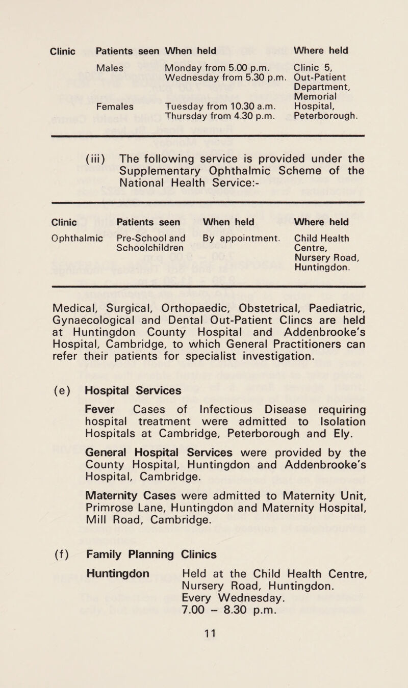 Clinic Patients seen When held Where held Males Females Monday from 5.00 p.m. Wednesday from 5.30 p.m. Tuesday from 10.30 a.m. Thursday from 4.30 p.m. Clinic 5, Out-Patient Department, Memorial Hospital, Peterborough. (iii) The following service is provided under the Supplementary Ophthalmic Scheme of the National Health Servlce:- Clinic Patients seen When held Where held Ophthalmic Pre-School and Schoolchildren By appointment. Child Health Centre, Nursery Road, Huntingdon. Medical, Surgical, Orthopaedic, Obstetrical, Paediatric, Gynaecological and Dental Out-Patient Clines are held at Huntingdon County Hospital and Addenbrooke's Hospital, Cambridge, to which General Practitioners can refer their patients for specialist investigation. (e) Hospital Services Fever Cases of Infectious Disease requiring hospital treatment were admitted to Isolation Hospitals at Cambridge, Peterborough and Ely. General Hospital Services were provided by the County Hospital, Huntingdon and Addenbrooke's Hospital, Cambridge. Maternity Cases were admitted to Maternity Unit, Primrose Lane, Huntingdon and Maternity Hospital, Mill Road, Cambridge. (f) Family Planning Clinics Huntingdon Held at the Child Health Centre, Nursery Road, Huntingdon. Every Wednesday. 7.00 - 8.30 p.m.