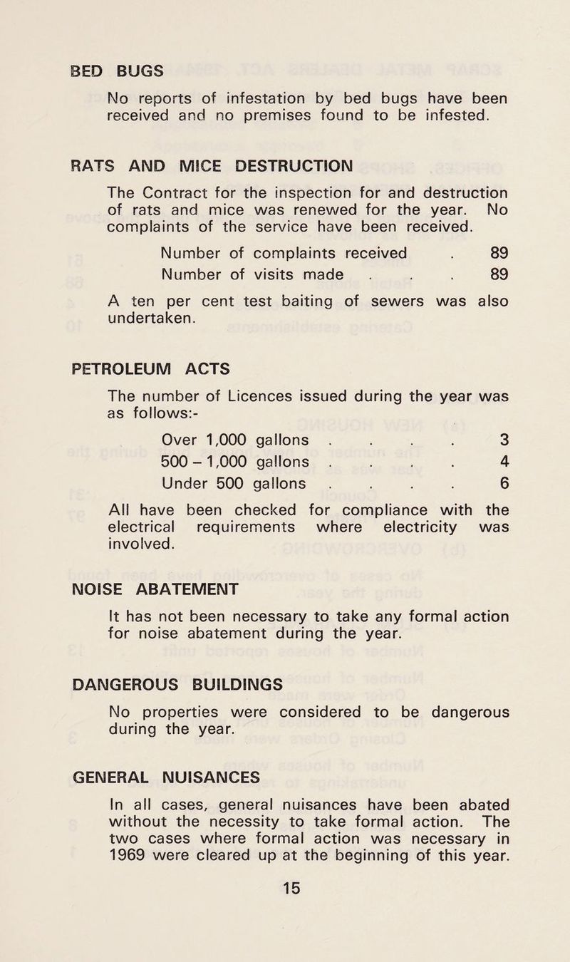 BED BUGS No reports of infestation by bed bugs have been received and no premises found to be infested. RATS AND MICE DESTRUCTION The Contract for the inspection for and destruction of rats and mice was renewed for the year. No complaints of the service have been received. Number of complaints received 89 Number of visits made ... 89 A ten per cent test baiting of sewers was also undertaken. PETROLEUM ACTS The number of Licences issued during the year was as follows:- Over 1,000 gallons .... 3 500-1,000 gallons .... 4 Under 500 gallons .... 6 All have been checked for compliance with the electrical requirements where electricity was involved. NOISE ABATEMENT It has not been necessary to take any formal action for noise abatement during the year. DANGEROUS BUILDINGS No properties were considered to be dangerous during the year. GENERAL NUISANCES In all cases, general nuisances have been abated without the necessity to take formal action. The two cases where formal action was necessary in 1969 were cleared up at the beginning of this year.