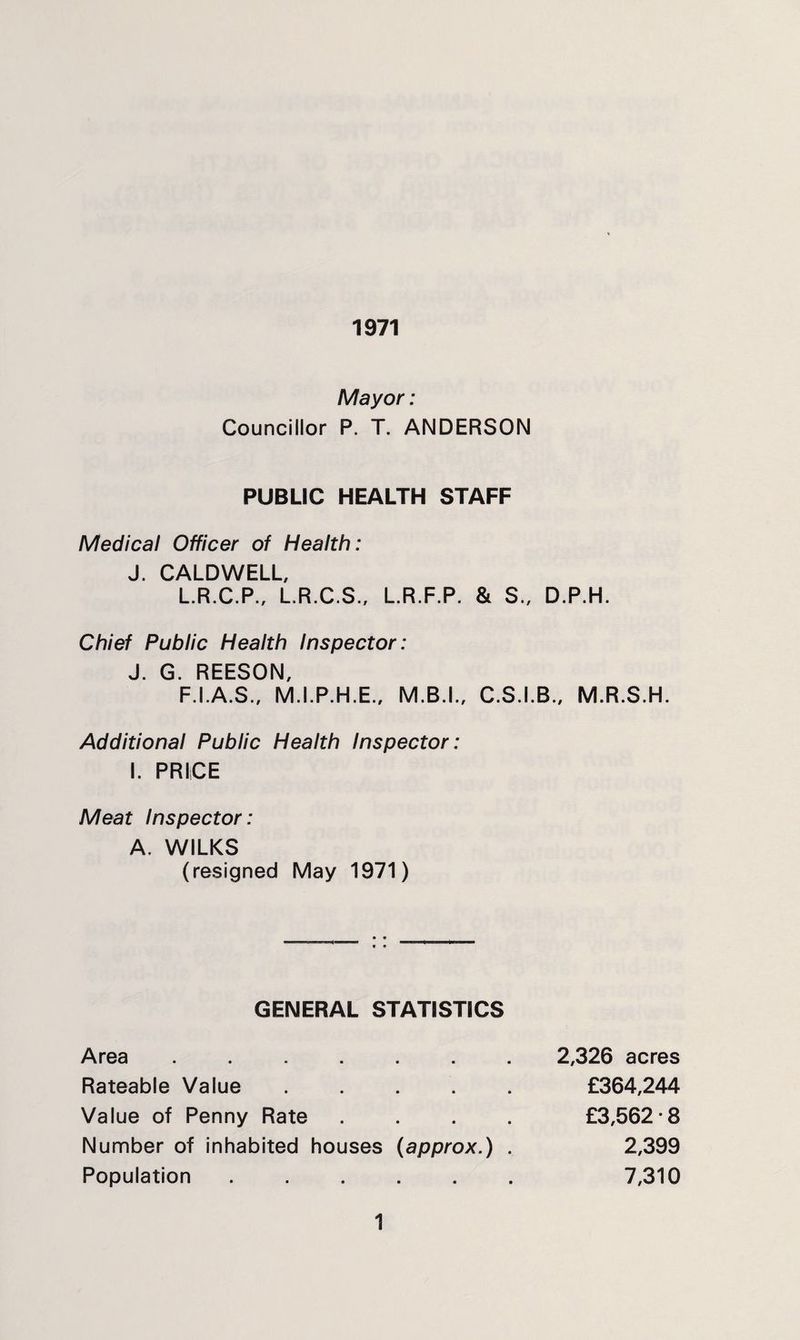 1971 Mayor: Councillor P. T. ANDERSON PUBLIC HEALTH STAFF Medical Officer of Health: J. CALDWELL, L.R.C.P., LR.C.S., LR.F.P. & S., D.P.H. Chief Public Health Inspector: J. G. REESON, F.I.A.S., M.I.P.H.E., M.B.L, C.S.I.B., M.R.S.H. Additional Public Health Inspector: 1. PRICE Meat Inspector: A. WILKS (resigned May 1971) GENERAL STATISTICS Area. 2,326 acres Rateable Value . . . £364,244 Value of Penny Rate .... £3,562*8 Nunnber of inhabited houses (approx.) . 2,399 Population. 7,310