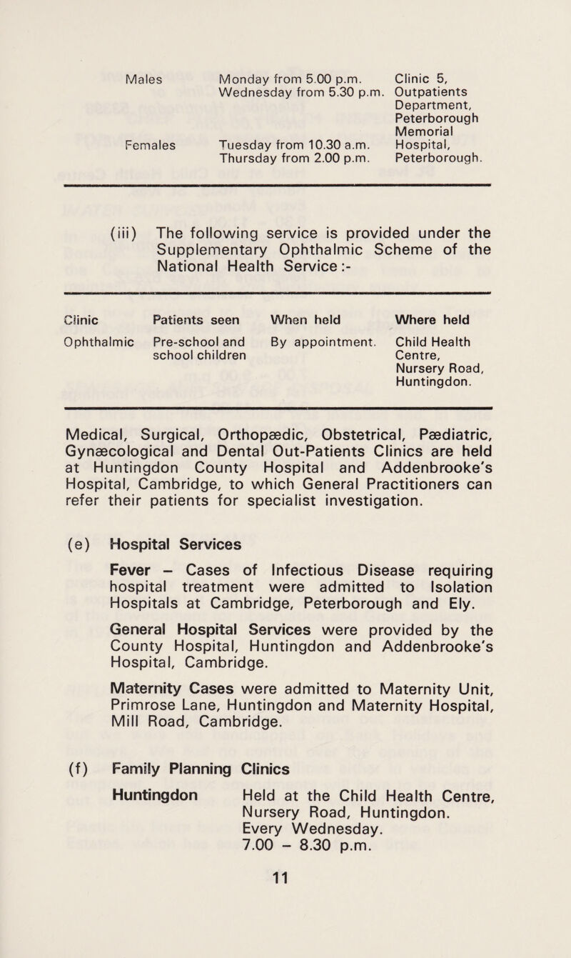 Males Monday from 5.00 p.m. Clinic 5, Wednesday from 5.30 p.m. Outpatients Department, Peterborough Memorial Females Tuesday from 10.30 a.m. Hospital, Thursday from 2.00 p.m. Peterborough. (iii) The following service is provided under the Supplementary Ophthalmic Scheme of the National Health Service Clinic Patients seen When held Where held Ophthalmic Pre-school and school children By appointment. Child Health Centre, Nursery Road, Huntingdon. Medical, Surgical, Orthopaedic, Obstetrical, Paediatric, Gynaecological and Dental Out-Patients Clinics are held at Huntingdon County Hospital and Addenbrooke's Hospital, Cambridge, to which General Practitioners can refer their patients for specialist Investigation. (e) Hospital Services Fever - Cases of Infectious Disease requiring hospital treatment were admitted to Isolation Hospitals at Cambridge, Peterborough and Ely. General Hospital Services were provided by the County Hospital, Huntingdon and Addenbrooke's Hospital, Cambridge. Maternity Cases were admitted to Maternity Unit, Primrose Lane, Huntingdon and Maternity Hospital, Mill Road, Cambridge. (f) Family Planning Clinics Huntingdon Held at the Child Health Centre, Nursery Road, Huntingdon. Every Wednesday. 7.00 - 8.30 p.m.