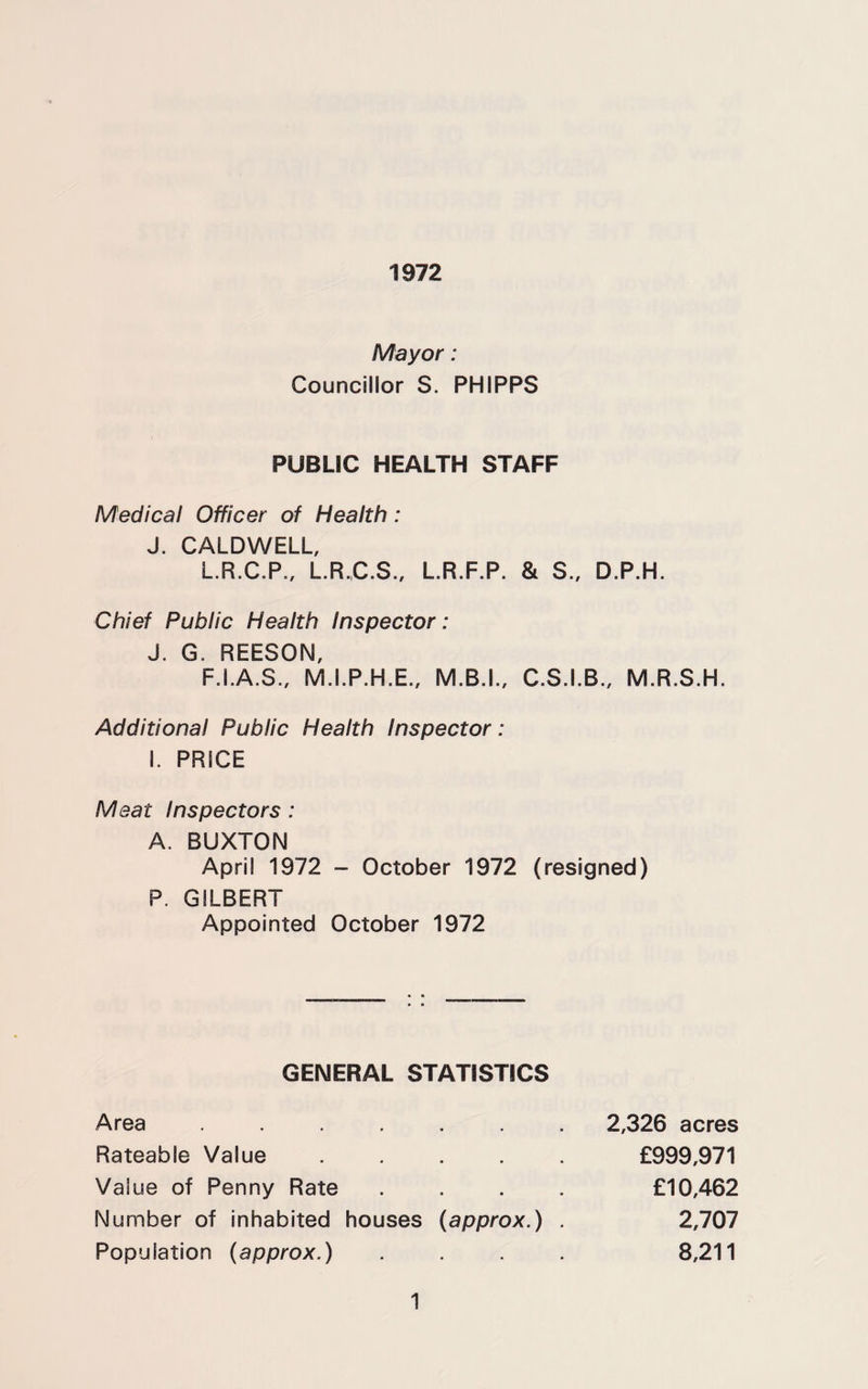 1972 Mayor: Councillor S. PHIPPS PUBLIC HEALTH STAFF Medical Officer of Health: J. CALDWELL, L.R.C.P., L.R.,C.S., L.R.F.P. & S., D.P.H. Chief Public Health Inspector: J. G. REESON, F.I.A.S., M.I.P.H.E., M.B.L, C.S.I.B., M.R.S.H. Additional Public Health Inspector: L PRICE Meat Inspectors: A. BUXTON April 1972 - October 1972 (resigned) P. GILBERT Appointed October 1972 GENERAL STATISTICS Area ....... 2,326 acres Rateable Value ..... £999,971 Value of Penny Rate .... £10,462 Number of inhabited houses (approx.) . 2,707 Population (approx.) .... 8,211