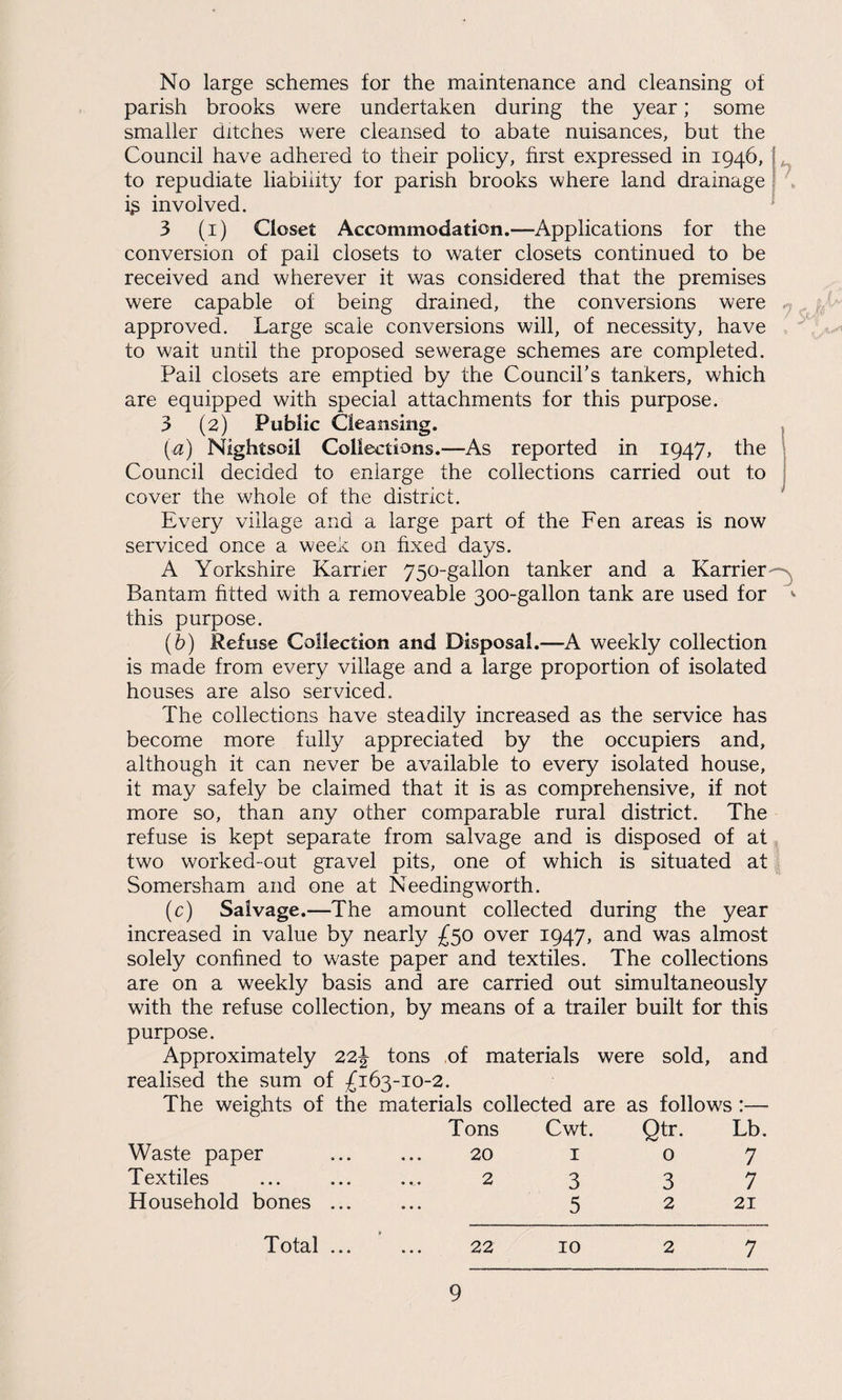 No large schemes for the maintenance and cleansing of parish brooks were undertaken during the year; some smaller ditches were cleansed to abate nuisances, but the Council have adhered to their policy, first expressed in 1946, j to repudiate liability for parish brooks where land drainage is involved. 3 (1) Closet Accommodation.—Applications for the conversion of pail closets to water closets continued to be received and wherever it was considered that the premises were capable of being drained, the conversions were .? approved. Large scale conversions will, of necessity, have to wait until the proposed sewerage schemes are completed. Pail closets are emptied by the Council's tankers, which are equipped with special attachments for this purpose. 3 (2) Public Cleansing. {a) Nightsoil Collections.—As reported in 1947, the Council decided to enlarge the collections carried out to cover the whole of the district. Every village and a large part of the Fen areas is now serviced once a week on fixed days. A Yorkshire Karrier 750-gallon tanker and a Karrier Bantam fitted with a removeable 300-gallon tank are used for this purpose. (b) Refuse Collection and Disposal.—A weekly collection is made from every village and a large proportion of isolated houses are also serviced. The collections have steadily increased as the service has become more fully appreciated by the occupiers and, although it can never be available to every isolated house, it may safely be claimed that it is as comprehensive, if not more so, than any other comparable rural district. The refuse is kept separate from salvage and is disposed of at two worked-out gravel pits, one of which is situated at Somersham and one at Needingworth. (c) Salvage.—The amount collected during the year increased in value by nearly £50 over 1947, and was almost solely confined to waste paper and textiles. The collections are on a weekly basis and are carried out simultaneously with the refuse collection, by means of a trailer built for this purpose. Approximately 22J tons of materials were sold, and realised the sum of £163-10-2. The weights of the materials collected are as follows :— Waste paper Tons 20 Cwt. 1 Qtr. 0 Lb. 7 Textiles 2 3 3 7 Household bones ... ... 5 2 21 Total ... 22 10 2 7