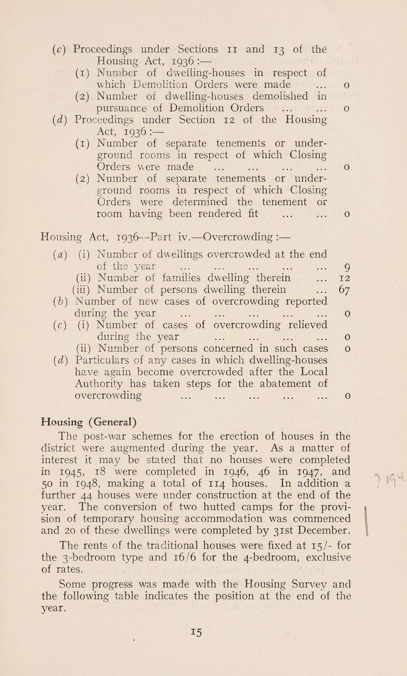 (c) Proceedings under Sections n and 13 of the Housing Act, 1936 :— (1) Number of dwelling-houses in respect of which Demolition Orders were made ... o (2) Number of dwelling-houses demolished in pursuance of Demolition Orders ... ... o (d) Proceedings under Section 12 of the Housing Act, 1936 :— (1) Number of separate tenements or under¬ ground rooms in respect of which Closing Orders were made ... ... ... ... 0 (2) Number of separate tenements or under¬ ground rooms in respect of wdiich Closing Orders were determined the tenement or room having been rendered fit ... ... o Housing Act, 1936—Part iv.—Overcrowding :— (a) (i) Number of dwellings overcrowded at the end of the year ... ... ... ... ... 9 (ii) Number of families dwelling therein ... 12 (iii) Number of persons dwelling therein ... 67 (b) Number of new cases of overcrowding reported during the year ... ... ... ... ... o (c) (i) Number of cases of overcrowding relieved during the year ... ... ... ... o (ii) Number of persons concerned in such cases 0 (d) Particulars of any cases in which dwelling-houses have again become overcrowded after the Local Authority has taken steps for the abatement of overcrowding ... ... ... ... ... 0 Housing (General) The post-war schemes for the erection of houses in the district were augmented during the year. As a matter of interest it may be stated that no houses w7ere completed in 1945, 18 were completed in 1946, 46 in 1947, and 50 in 1948, making a total of 114 houses. In addition a further 44 houses were under construction at the end of the year. The conversion of twro hutted camps for the provi¬ sion of temporary housing accommodation w7as commenced and 20 of these dwellings were completed by 31st December. The rents of the traditional houses were fixed at 15/- for the 3-bedroom type and 16/6 for the 4-bedroom, exclusive of rates. Some progress was made with the Housing Survey and the following table indicates the position at the end of the year.
