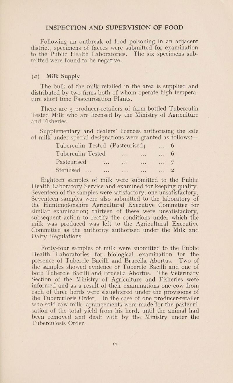 INSPECTION AND SUPERVISION OF FOOD Following an outbreak of food poisoning in an adjacent district, specimens of faeces were submitted for examination to the Public Health Laboratories. The six specimens sub¬ mitted were found to be negative. (a) Milk Supply The bulk of the milk retailed in the area is supplied and distributed by two firms both of whom operate high temipera- ture short time Pasteurisation Plants. There are 3 producer-retailers of farm-bottled Tuberculin Tested Milk who are licensed by the Ministry of Agriculture and Fisheries. Supplementary and dealers' licences authorising the sale of milk under special designations were granted as follows:— 6 6 Tuberculin Tested (Pasteurised) Tuberculin Tested Pasteurised Sterilised ... 7 2 Eighteen samples of milk were submitted to the Public Health Laboratory Service and examined for keeping quality. Seventeen of the samples were satisfactory, one unsatisfactory. Seventeen samples were also submitted to the laboratory of the Huntingdonshire Agricultural Executive Committee for similar examination; thirteen of these were unsatisfactory, subsequent action to rectify the conditions under which the milk was produced was left to the Agricultural Executive Committee as the authority authorised under the Milk and Dairy Regulations. Forty-four samples of milk w^ere submitted to the Public Health Laboratories for biological examination for the presence of Tubercle Bacilli and Brucella Abortus. Two of the samples showed evidence of Tubercle Bacilli and one of both Tubercle Bacilli and Brucella Abortus. The Veterinary Section of the Ministry of Agriculture and Fisheries were informed and as a result of their examinations one cow from each of three herds were slaughtered under the provisions of the Tuberculosis Order. In the case of one producer-retailer who sold raw milk, arrangements were made for the pasteuri¬ sation of fhe total yield from his herd, until the animal had been removed and dealt with by the Ministry under the Tuberculosis Order.