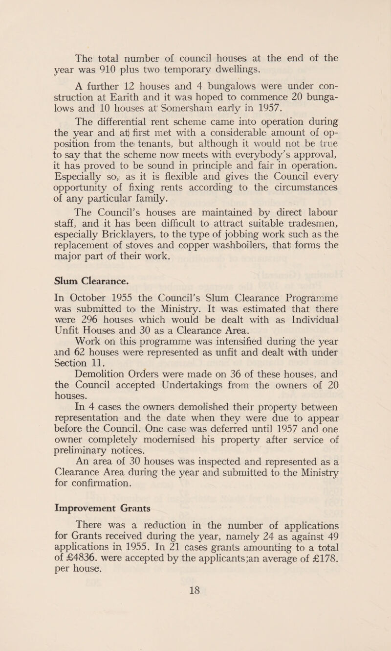 The total number of council houses at the end of the year was 910 plus two temporary dwellings. A further 12 houses and 4 bungalows were under con¬ struction at Earith and it was hoped to commence 20 bunga¬ lows and 10 houses at Somersham early in 1957. The differential rent scheme came into operation during the year and at) first met with a considerable amount of op¬ position from thei tenants, but although it would not be true to say that the scheme now meets with everybody’s approval, it has proved to be sound in principle and fair in operation. Especially so,: as it is flexible and gives the Council every opportunity of fixing rents according to the circumstances of any particular family. The Council’s houses are maintained by direct labour staff, and it has been difficult to attract suitable tradesmen, especially Bricklayers, to the type of jobbing work such as the replacement of stoves and copper washboilers, that forms the major part of their work. Slum Clearance. In October 1955 the Council’s Slum Clearance Programme was submitted to the Ministry. It was estimated that there wiere 296 houses which would be dealt with as Individual Unfit Houses and 30 as a Clearance Area. Work on this programme was intensified during the year and 62 houses were represented as unfit and dealt with under Section 11. Demolition Orders were made on 36 of these houses, and the Council accepted Undertakings from the owners of 20 houses. In 4 cases the owners demolished their property between representation and the date when they were due to appear before the Council. One case was deferred until 1957 and one owner completely modernised his property after service of preliminary notices. An area of 30 houses was inspected and represented as a Clearance Area during the year and submitted to the Ministry for confirmation. Improvement Grants There was a reduction in the number of applications for Grants received during the year, namely 24 as against 49 applications in 1955. In 21 cases grants amounting to a total of £4836. were accepted by the applicants ;an average of £178. per house.