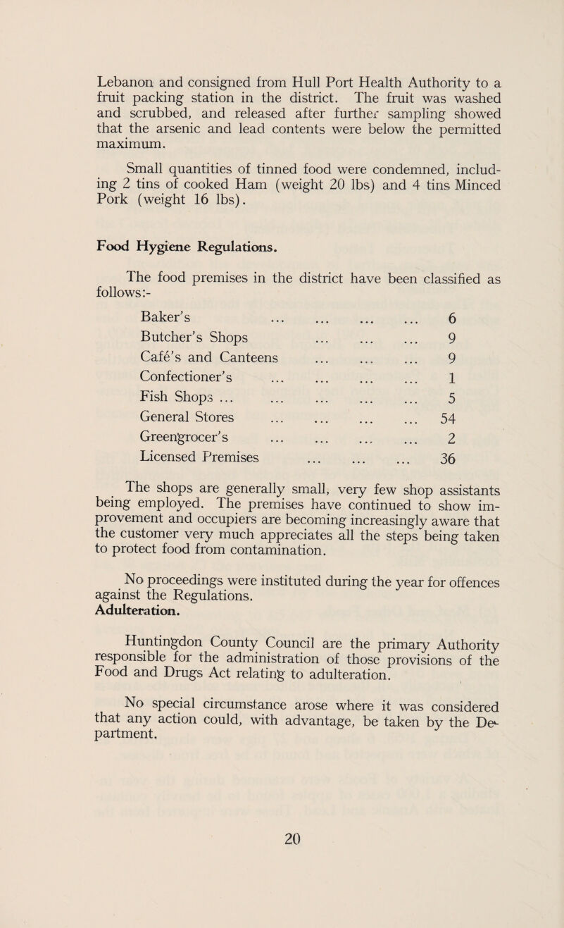 Lebanon and consigned from Hull Port Health Authority to a fruit packing station in the district. The fruit was washed and scrubbed, and released after further sampling showed that the arsenic and lead contents were below the permitted maximum. Small quantities of tinned food were condemned, includ¬ ing 2 tins of cooked Ham (weight 20 lbs) and 4 tins Minced Pork (weight 16 lbs). Food Hygiene Regulations. The food premises in the district have been classified as follows:- Bakeris Butcher’s Shops Cafe’s and Canteens Confectioner’s Fish Shops ... General Stores Greengrocer’s Licensed Premises 6 9 9 1 5 54 2 36 The shops are generally small, very few shop assistants being employed. The premises have continued to show im¬ provement and occupiers are becoming increasingly aware that the customer very much appreciates all the steps being taken to protect food from contamination. No proceedings were instituted during the year for offences against the Regulations. Adulteration. Huntingdon County Council are the primaiy Authority responsible for the administration of those provisions of the Food and Drugs Act relating to adulteration. No special circumstance arose where it was considered that any action could, with advantage, be taken by the De^ partment.