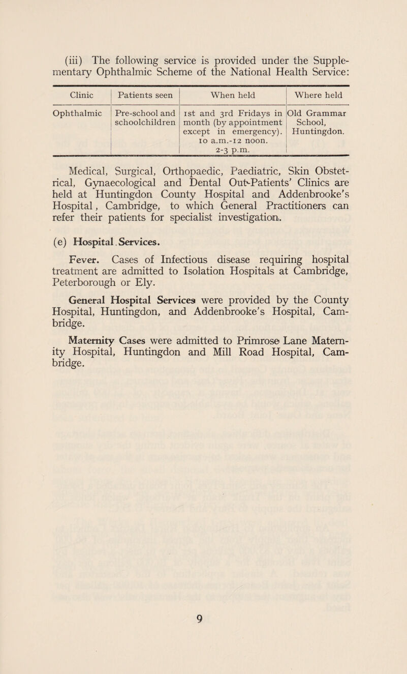 (iii) The following service is provided under the Supple¬ mentary Ophthalmic Scheme of the National Health Service: Clinic Patients seen When held Where held Ophthalmic Pre-school and schoolchildren ist and 3rd Frida.3^s in month (by appointment except in emergency), ro a.m.-i2 noon. Old Grammar School, Huntingdon. 2-3 p.m. Medical, Surgical, Orthopaedic, Paediatric, Skin Obstet¬ rical, Gynaecological and Dental OuNPatients’ Clinics are held at Huntingdon County Hospital and Addenbrooke's Hospital, Cambridge, to which General Practitioners can refer their patients for specialist investigation. (e) Hospital. Services. Fever. Cases of Infectious disease requiring hospital treatment are admitted to Isolation Hospitals at Cambridge, Peterborough or Ely. General Hospital Services were provided by the County Hospital, Huntingdon, and Addenbrooke’s Hospital, Cam¬ bridge. Maternity Cases were admitted to Primrose Lane Matern¬ ity Hospital, Huntingdon and Mill Road Hospital, Cam¬ bridge.