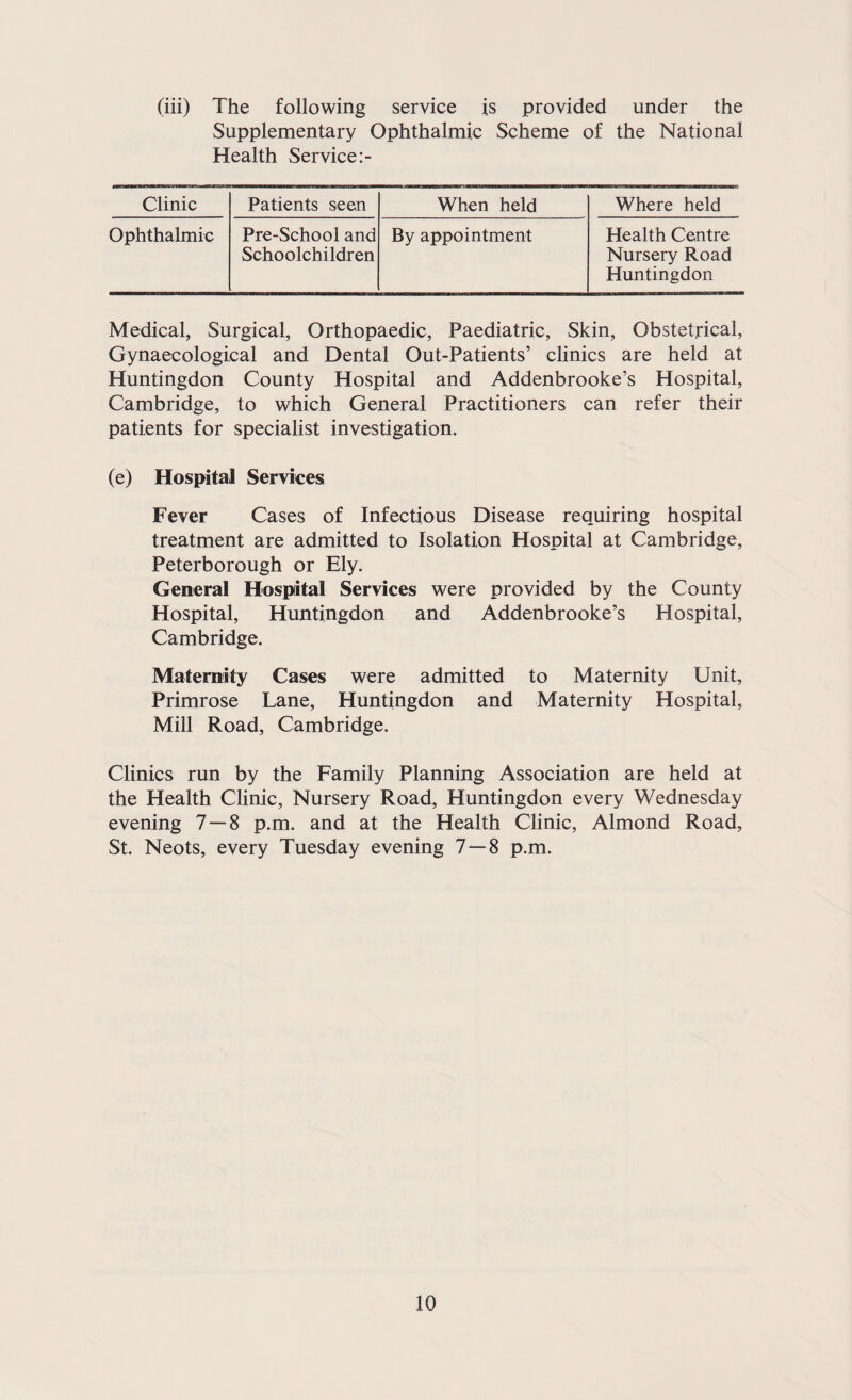 (iii) The following service is provided under the Supplementary Ophthalmic Scheme of the National Health Service Clinic Patients seen When held Where held Ophthalmic Pre-School and By appointment Schoolchildren Health Centre Nursery Road Huntingdon Medical, Surgical, Orthopaedic, Paediatric, Skin, Obstetrical, Gynaecological and Dental Out-Patients’ clinics are held at Huntingdon County Hospital and Addenbrooke’s Hospital, Cambridge, to which General Practitioners can refer their patients for specialist investigation. (e) Hospital Services Fever Cases of Infectious Disease requiring hospital treatment are admitted to Isolation Hospital at Cambridge, Peterborough or Ely. General Hospital Services were provided by the County Hospital, Huntingdon and Addenbrooke’s Hospital, Cambridge. Maternity Cases were admitted to Maternity Unit, Primrose Lane, Huntingdon and Maternity Hospital, Mill Road, Cambridge. Clinics run by the Family Planning Association are held at the Health Clinic, Nursery Road, Huntingdon every Wednesday evening 7 — 8 p.m. and at the Health Clinic, Almond Road, St. Neots, every Tuesday evening 7 — 8 p.m.