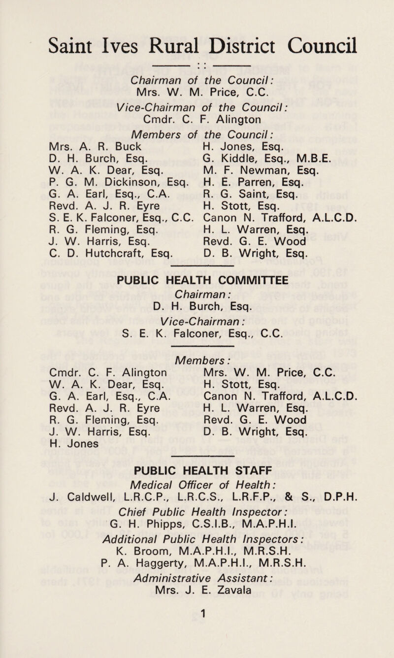 Saint Ives Rural District Council Chairman of the Council: Mrs. W. M. Price, C.C. Vice-Chairman of the Council: Cmdr. C. F. Alington Members of the Council: Mrs. A. R. Buck H. Jones, Esq. D. H. Burch, Esq. W. A. K. Dear, Esq. P. G. M. Dickinson, Esq. G. A. Earl, Esq., C.A. Revd. A. J. R. Eyre S. E. K. Falconer, Esq., C.C. R. G. Fleming, Esq. J. W. Harris, Esq. C. D. Hutchcraft, Esq. G. Kiddle, Esq., M.B.E. M. F. Newman, Esq. H. E. Parren, Esq. R. G. Saint, Esq. H. Stott, Esq. Canon N. Trafford, A.L.C.D. H. L. Warren, Esq. Revd. G. E. Wood D. B. Wright, Esq. PUBLIC HEALTH COMMITTEE Chairman: D. H. Burch, Esq. Vice-Chairman: S. E. K. Falconer, Esq., C.C. Cmdr. C. F. Alington W. A. K. Dear, Esq. G. A. Earl, Esq., C.A. Revd. A. J. R. Eyre R. G. Fleming, Esq. J. W. Harris, Esq. H. Jones Members: Mrs. W. M. Price, C.C. H. Stott, Esq. Canon N. Trafford, A.L.C.D. H. L. Warren, Esq. Revd. G. E. Wood D. B. Wright, Esq. PUBLIC HEALTH STAFF Medical Officer of Health: J. Caldwell, L.R.C.P., L.R.C.S., L.R.F.P., & S., D.P.H. Chief Public Health Inspector: G. H. Phipps, C.S.I.B., M.A.P.H.I. Additional Public Health Inspectors: K. Broom, M.A.P.H.I., M.R.S.H. P. A. Haggerty, M.A.P.H.I., M.R.S.H. Administrative Assistant: Mrs. J. E. Zavala