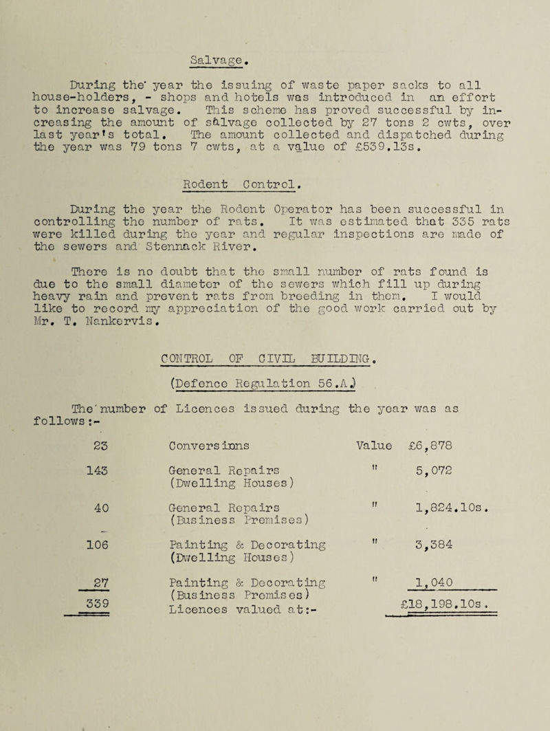 Salvage, During the’ year the issuing of waste paper sacks to all house-holders, - shops and hotels was introduced in an effort to increase salvage. This scheme has proved successful hy in¬ creasing the amount of salvage collected hy 27 tons 2 cwts, over last yearns total. The amount collected and dispatched during the year was 79 tons 7 cwts, at a vg,lue of £539,13s, Rodent Control, During the year the Rodent Operator has heen successful In controlling the number of rats. It v;as estimated that 335 rats were killed during the year and regular inspections are Liade of the sewers and Stennack River, There is no doubt that the small number of rats found is due to the small diameter of the sewers which fill up during heavy rain and prevent rats from breeding in them, I would like to record my appreciation of the good work carried out by Mr, T, Ranke rvis. CONTROL OF CIVIL HJILDIT^G. (Defence Regulation 56,A) The'number of Licences issued during the year was as follows 23 Convers iions Value £6,878 143 General Repairs (Dv/elllng Houses)  5,072 40 General Repairs  1,824.10s. (Business Premises) 106 Painting & Decorating (Dve1ling Hous e s)  3,384 27 Painting & Decorating (Business Promises) Licences valued at;-  1,040 339 £18,198,10s,
