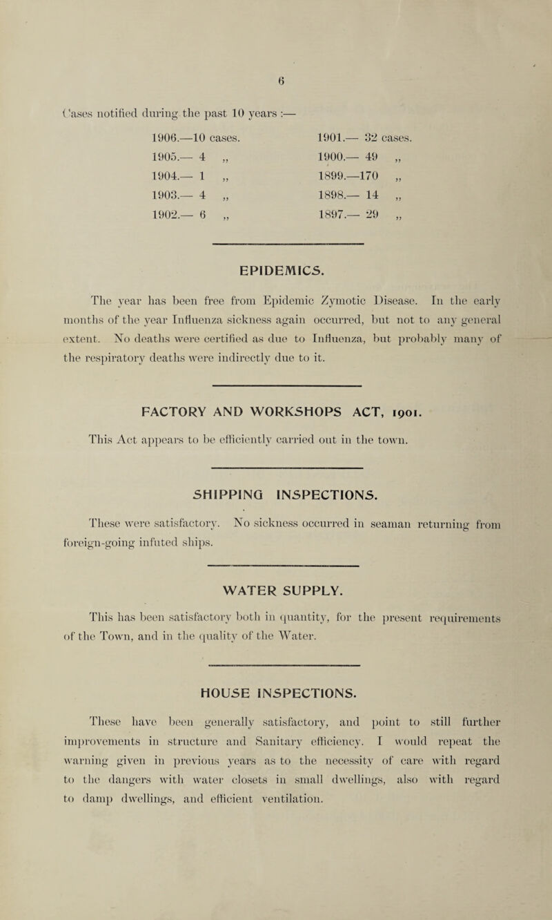 Cases notified during the past 10 years :— 1906.—10 cases. 1905.— 4 „ 1904.— 1 „ 1903.— 4 „ 1902.— 6 „ 1901.— 32 cases. 1900.— 49 „ 1899.—170 „ 1898.— 14 „ 1897.— 29 „ EPIDEMICS. The year has been free from Epidemic Zymotic Disease. In the early months of the year Influenza sickness again occurred, but not to any general extent. No deaths were certified as due to Influenza, but probably many of the respiratory deaths were indirectly due to it. FACTORY AND WORKSHOPS ACT, 1901. This Act appears to be efficiently carried out in the town. SHIPPING INSPECTIONS. These were satisfactory. No sickness occurred in seaman returning from foreign-going infuted ships. WATER SUPPLY. This has been satisfactory both in quantity, for the present requirements of the Town, and in the quality of the Water. HOUSE INSPECTIONS. These have been generally satisfactory, and point to still further improvements in structure and Sanitary efficiency. I would repeat the warning given in previous years as to the necessity of care with regard to the dangers with water closets in small dwellings, also with regard to damp dwellings, and efficient ventilation.