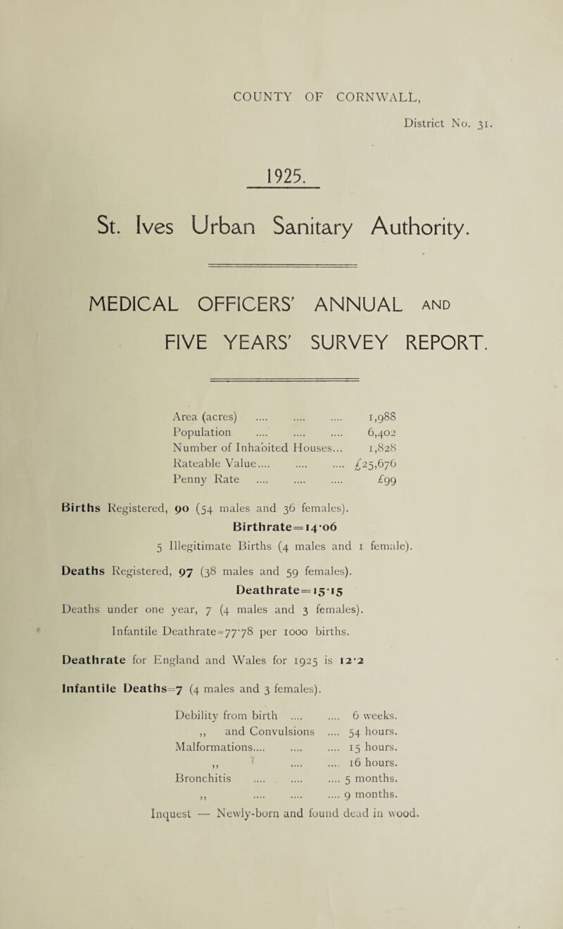 COUNTY OF CORNWALL District No. 31. 1925. St. Ives Urban Sanitary Authority. MEDICAL OFFICERS' ANNUAL and FIVE YEARS’ SURVEY REPORT. Area (acres) Population 1,988 6,402 1,828 Number of Inhabited Houses... Rateable Value.... Penny Rate £25,676 £99 Births Registered, 90 (54 males and 36 females). Birthrate=i4o6 5 Illegitimate Births (4 males and 1 female). Deaths Registered, 97 (38 males and 59 females). Deathrate=i5’i5 Deaths under one year, 7 (4 males and 3 females). Infantile Deathrate = 77-78 per 1000 births. Deathrate for England and Wales for 1925 is 12‘2 Infantile Deaths=7 (4 males and 3 females). Debility from birth .... ,, and Convulsions Malformations.... 6 weeks. 54 hours. 15 hours. 16 hours. 5 months. 9 months. Bronchitis Inquest — Newly-born and found dead in wood.