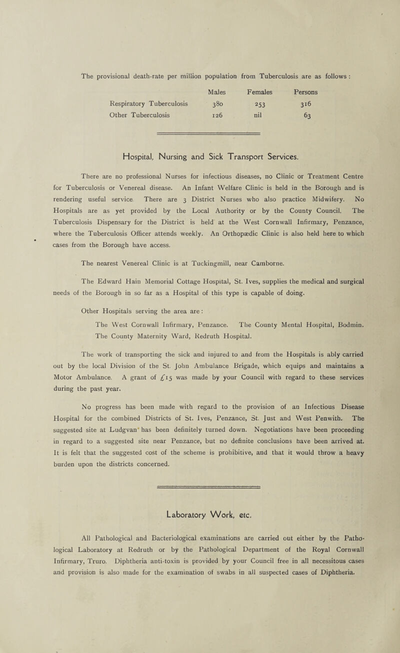The provisional death-rate per million population from Tuberculosis are as follows : Males Females Persons Respiratory Tuberculosis 380 253 316 Other Tuberculosis 126 nil 63 Hospital, Nursing and Sick Transport Services. There are no professional Nurses for infectious diseases, no Clinic or Treatment Centre for Tuberculosis or Venereal disease. An Infant Welfare Clinic is held in the Borough and is rendering useful service There are 3 District Nurses who also practice Midwifery. No Hospitals are as yet provided by the Local Authority or by the County Council. The Tuberculosis Dispensary for the District is held at the West Cornwall Infirmary, Penzance, where the Tuberculosis Officer attends weekly. An Orthopaedic Clinic is also held here to which cases from the Borough have access. The nearest Venereal Clinic is at Tuckingmill, near Camborne. The Edward Hain Memorial Cottage Hospital, St. Ives, supplies the medical and surgical needs of the Borough in so far as a Hospital of this type is capable of doing. Other Hospitals serving the area are : The West Cornwall Infirmary, Penzance. The County Mental Hospital, Bodmin. The County Maternity Ward, Redruth Hospital. The work of transporting the sick and injured to and from the Hospitals is ably carried out by the local Division of the St. John Ambulance Brigade, which equips and maintains a Motor Ambulance. A grant of /’15 was made by your Council with regard to these services during the past year. No progress has been made with regard to the provision of an Infectious Disease Hospital for the combined Districts of St. Ives, Penzance, St. Just and West Pen with. The suggested site at Ludgvan* has been definitely turned down. Negotiations have been proceeding in regard to a suggested site near Penzance, but no definite conclusions have been arrived at. It is felt that the suggested cost of the scheme is prohibitive, and that it would throw a heavy burden upon the districts concerned. Laboratory Work, etc. All Pathological ahd Bacteriological examinations are carried out either by the Patho¬ logical Laboratory at Redruth or by the Pathological Department of the Royal Cornwall Infirmary, Truro. Diphtheria anti-toxin is provided by your Council free in all necessitous cases and provision is also made for the examination of swabs in all suspected cases of Diphtheria.