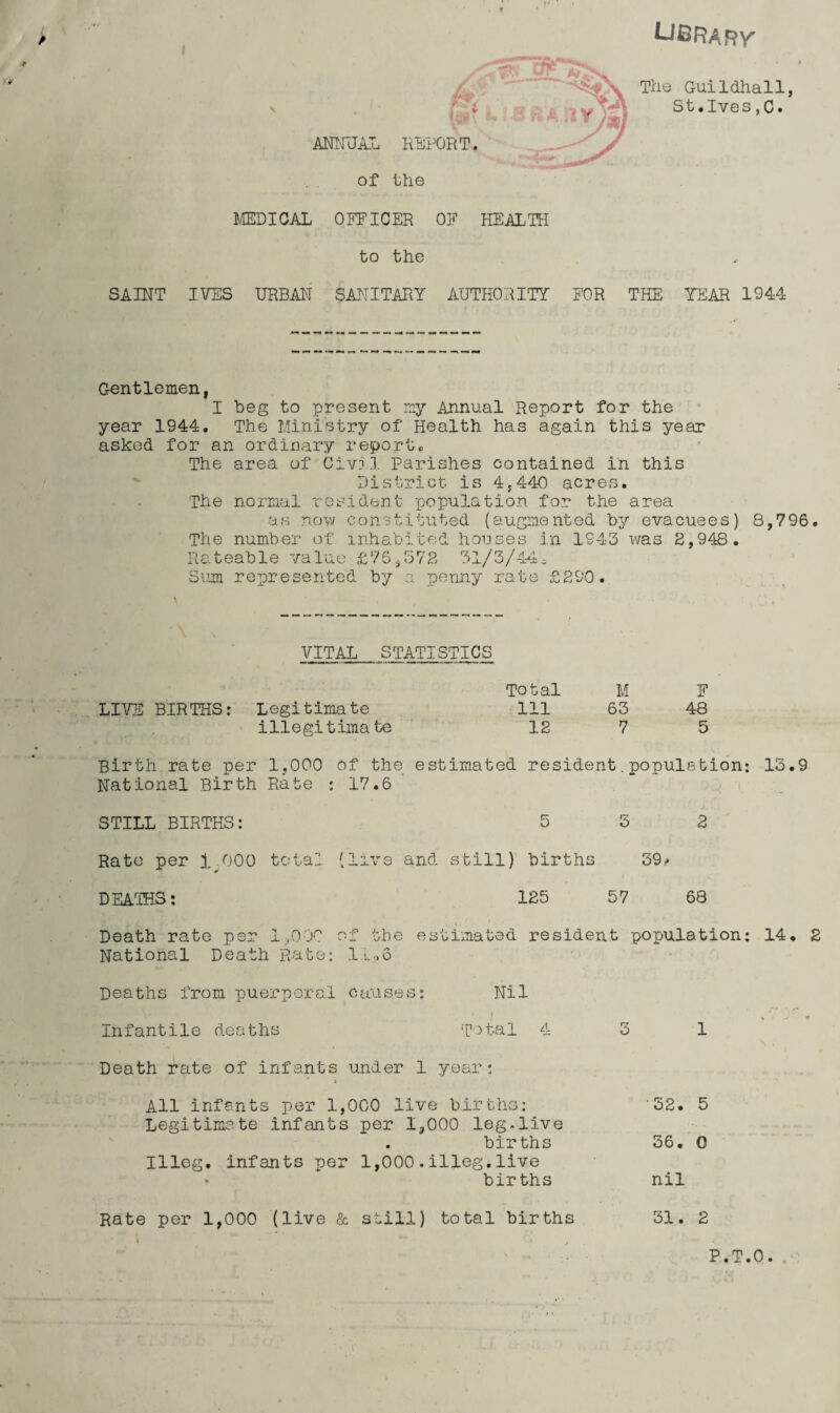 The Guildhall, St.Ives,C. iffiDIOAL OFFICER OE HEALTH to the SAINT IVES URBAN SANITARY AUTHORITY EOR THE YEAR 1944 Gentlemen, I beg to present rny Annual Report for the “ year 1944, The Ministry of Health has again this year asked for an ordinary report. The area of Civil Parishes contained in this ' District is 4,440 acres. The normal resident population for the area as now constituted (augmented by evacuees) 8,796. The number of inhabited houses in 1943 was 2,948. Rateable value £75^572 31/3/44^ Sum represented by a penny rate £290. VITAL STATISTICS Total M F LIVE BIRTHS: Legitimate 111 63 48 illegitimate 12 7 5 Birth rate per 1,000 of the estimated resident,population: 13,9 National Birth Rate : 17.6 ' ! _ STILL BIRTHS: 532 Rato per 1_.000 total (live and still) births 39/ DEATRS: 125 57 68 Death rate per 1/OOC of the estimated resident population: National Death Rate: l.l.,6 Deaths from puerperal causes: Nil I Infantile deaths Total 431 Death rate of infants under 1 year: All infants per 1,000 live births: Legitimate infants per 1,000 leg,live births Illeg. infants per 1,000.illeg.live • births Rate per 1,000 (live & still) total births •52. 5 36. 0 nil 31. 2 14. 2 P.T.O. ,