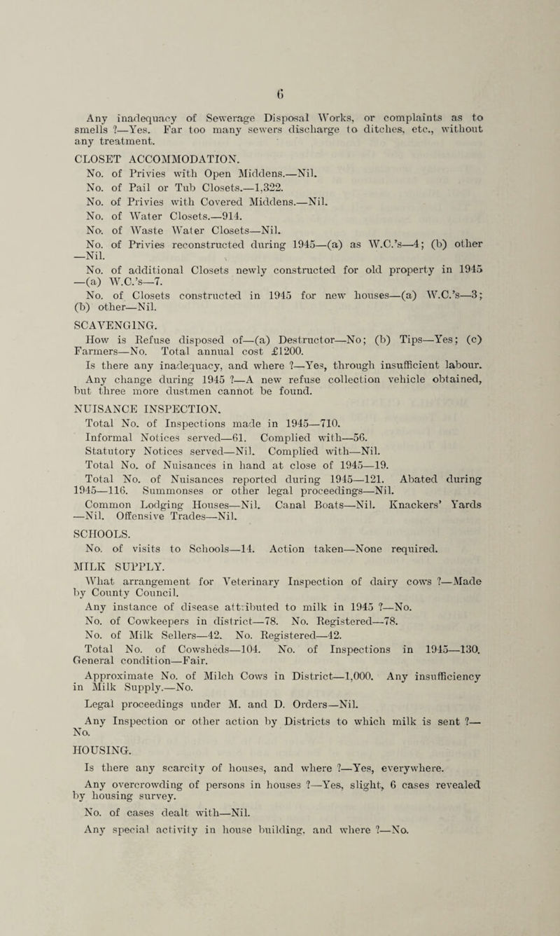 Any inadequacy of Sewerage Disposal Works, or complaints as to smells ?—Yes. Far too many sewers discharge to ditches, etc., without any treatment. CLOSET ACCOMMODATION. No. of Privies with Open Middens.—Nil. No. of Pail or Tub Closets.—1,322. No. of Privies with Covered Middens.—Nil. No. of Water Closets.—914. No. of Waste Water Closets—Nil. No. of Privies reconstructed during 1945—(a) as W.C.^s—4; (b) other —Nil. No. of additional Closets newly constructed for old property in 1945 —(a) W.C.’s—7. No. of Closets constructed in 1945 for new houses—(a) W.C.’s—3; (b) other—Nil. SCAVENGING. How is Eefuse disposed of—(a) Destructor—No; (b) Tips—Yes; (c) Farmers—No. Total annual cost £1200. Is there any inadequacy, and where ?—Yes, through insufficient labour. Any change during 1945 ?—A new refuse collection vehicle obtained, but three more dustmen cannot be found. NUISANCE INSPECTION. Total No. of Inspections made in 194.5—710. Informal Notices served—61. Complied with—56. Statutory Notices served—Nil. Complied with—Nil. Total No. of Nuisances in hand at close of 1945—19. Total No. of Nuisances reported during 1945—121. Abated during 1945—116. Summonses or other legal proceedings—Nil. Common Lodging Houses—Nil. Canal Boats—Nil. Knackers’ Yards —Nil. Offensive Trades—Nil. SCHOOLS. No. of visits to Schools—14. Action taken—None required. MILK SUPPLY. What arrangement for Veterinary Inspection of dairy cows ?—Made by County Council. Any instance of disease attributed to milk in 1945 ?—No. No. of Cowkeepers in district—78. No. Registered—78. No. of Milk Sellers—42. No. Registered—42. Total No. of Cowsheds—104. No. of Inspections in 1945—130. General condition—Fair. Approximate No. of Milch Cows in District—1,000. Any insufficiency in Milk Supply.—No. Legal proceedings under M. and D. Orders—Nil. Any Inspection or other action by Districts to which milk is sent ?— No. HOUSING. Is there any scarcity of houses, and where ?—Yes, everywhere. Any overcrowding of persons in houses ?—Yes, slight, 6 cases revealed by housing survey. No. of cases dealt with—Nil. Any special activity in house building, and where ?—No.