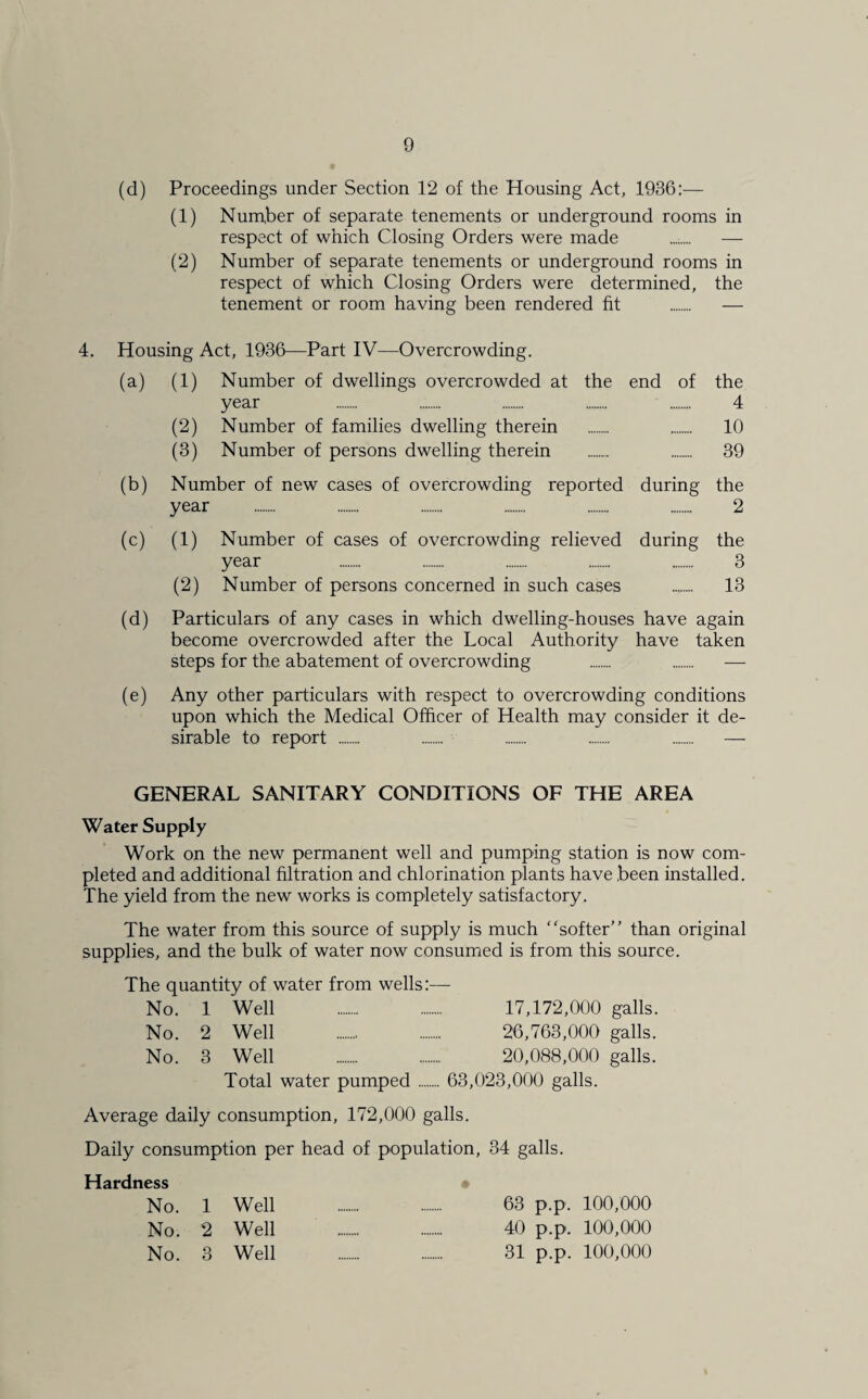 (d) Proceedings under Section 12 of the Housing Act, 1936:— (1) Nurnber of separate tenements or underground rooms in respect of which Closing Orders were made ........ — (2) Number of separate tenements or underground rooms in respect of which Closing Orders were determined, the tenement or room having been rendered fit . — 4. Housing Act, 1936—Part IV—Overcrowding. (a) (b) (c) (1) Number of dwellings overcrowded at the end of the year . . . . . 4 (2) Number of families dwelling therein . . 10 (3) Number of persons dwelling therein . . 39 Number of new cases of overcrowding reported during the year . . . . . . 2 (1) Number of cases of overcrowding relieved during the year . . . . . 3 (2) Number of persons concerned in such cases . 13 (d) Particulars of any cases in which dwelling-houses have again become overcrowded after the Local Authority have taken steps for the abatement of overcrowding . . — (e) Any other particulars with respect to overcrowding conditions upon which the Medical Officer of Health may consider it de¬ sirable to report . . . . . — GENERAL SANITARY CONDITIONS OF THE AREA Water Supply Work on the new permanent well and pumping station is now com¬ pleted and additional filtration and chlorination plants have been installed. The yield from the new works is completely satisfactory. The water from this source of supply is much softer” than original supplies, and the bulk of water now consumied is from this source. The quantity of water from wells:— No. 1 Well . 17,172,000 galls. No. 2 Well . 26,763,000 galls. No. 3 Well . 20,088,000 galls. Total water pumped .... .... 63,023,000 galls. Average daily consumption, 172,000 galls. Daily consumption per head of population, 34 galls. Hardness • No. 1 Well 63 p.p. 100,000 No. 2 Well 40 p.p. 100,000 No. 3 Well 31 p.p. 100,000