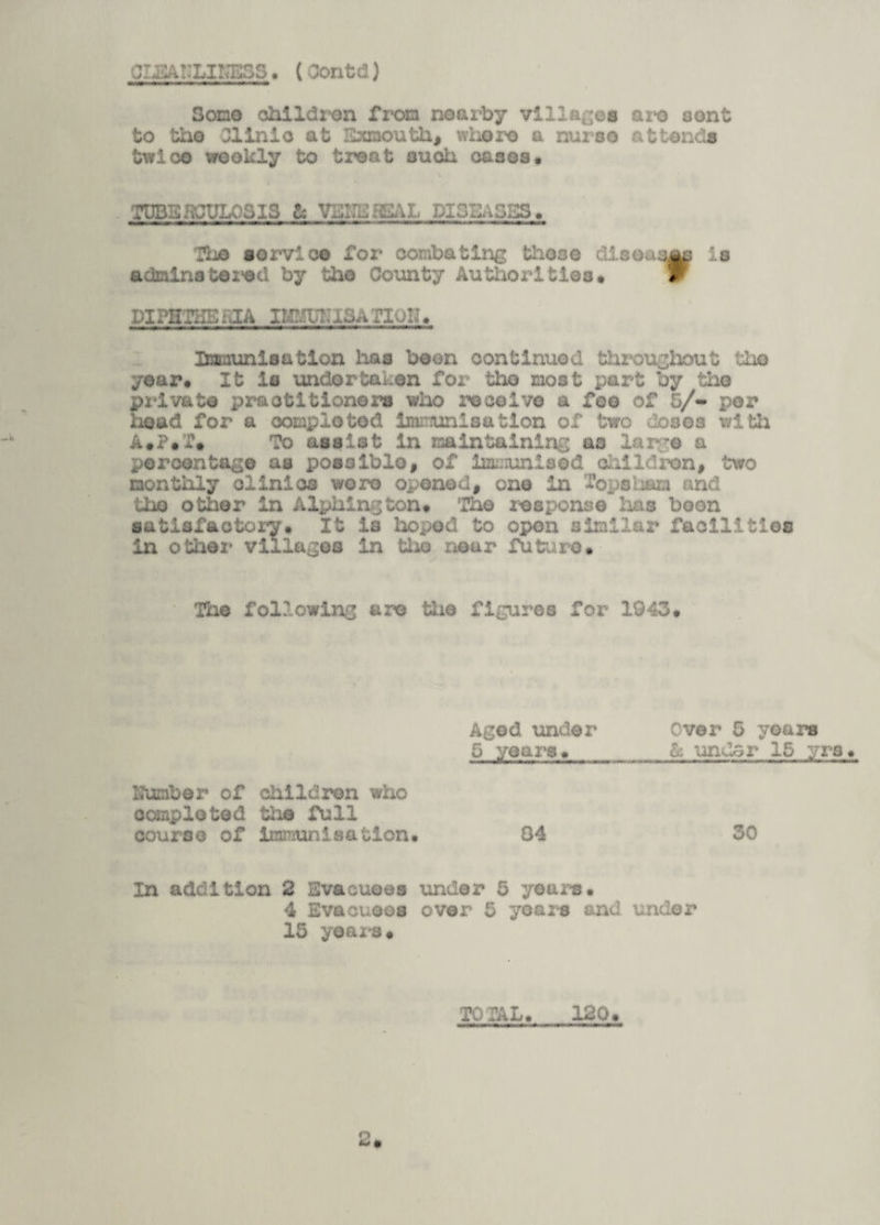 or^AKLIhlSSS. (Oonfcd) Son© children from nearby villages are oont to the Clinic at Exraoufch* whore a nurse attends twice weekly to treat such oases. TUBSftJULOSIS & Third TEAL DISEASES. The service for combating those discs admins teied by the County Authorities. 3 ^ Is DIPHTHE H1A IMMUNISATION Irmaunlaatlon has boon continued througliout the year. It la undertaken for the most part by the private practitioners who receive a fee of 5/- per head for a completed lmiriunlaation of two doses with A.P.T. To assist In maintaining as large a percentage as possible, of immunised ohlldron, two monthly clinics wore opened, one in Tops hum and the other In Alphlngton. The response has boon satisfactory* It is hoped to open similar facilities in other villages In the near future* The following are the figures for 1943. Aged under Over $ years 5 years._& under 15 yrs. Number of chlldz^en who completed the full course of immunisation. 04 30 In addition 2 Evacuees under 5 years. 4 Evacuees over 5 years and under 15 years. TOTAL. 120. 2*