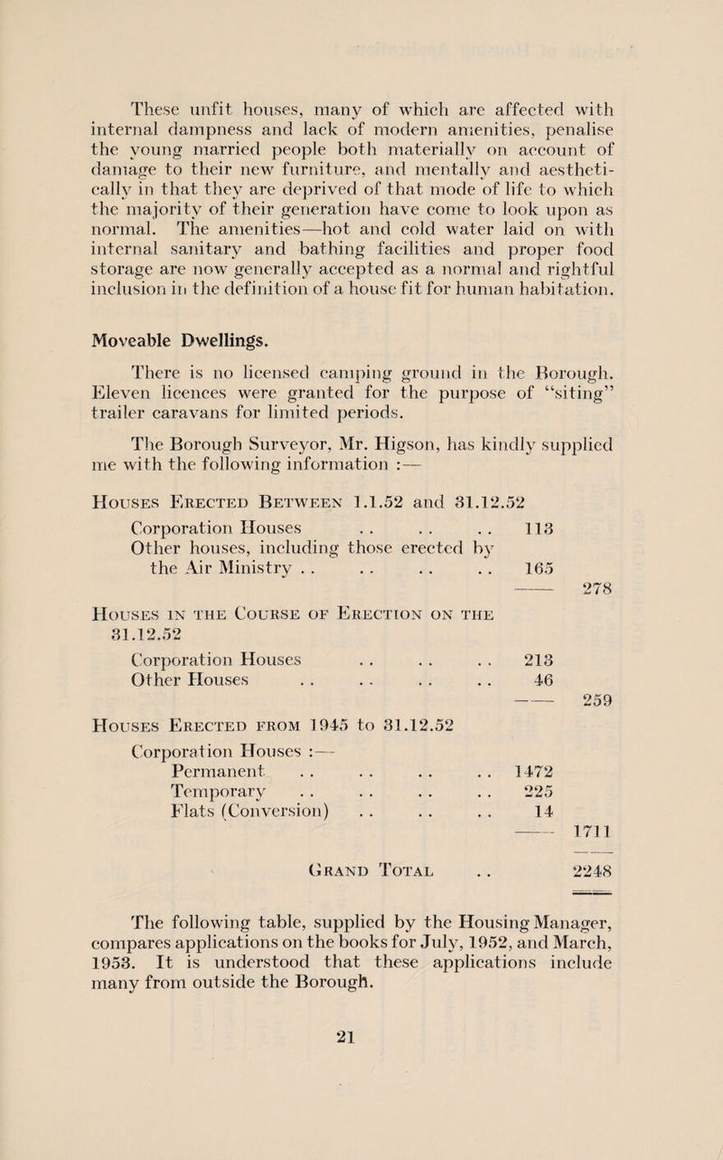 These unfit houses, many of which are affected with internal dampness and lack of modern amenities, penalise the young married people both materially on account of damage to their new furniture, and mentallv and aestheti- cally in that tlie^^ are deprived of that mode of life to which the majority of their generation have come to look upon as normal. The amenities—hot and cold water laid on with internal sanitary and bathing facilities and proper food storage are now generally accepted as a normal and rightful inclusion in the definition of a house fit for human habitation. Moveable Dwellings. There is no licensed camping ground in the Borough. Eleven licences wei’e granted for the purpose of “siting” trailer caravans for limited periods. The Borough Surveyor, Mr. Higson, has kindly supplied me with the following information : — Houses Erected Between 1.1.52 and 31.12.52 Corporation Houses . . . . . . 113 Other houses, including those erected b} the Air Ministry . . . . . . . . 165 - 278 Houses in the Course of Erection on the 31.12.52 Corporation Houses Other Houses Houses Erected from 1945 to 31.12.52 Corporation Houses : — Permanent Temporary Fiats (Conversion) 213 46 - 259 1472 225 14 - 1711 Grand Total 2248 The following table, supplied by the Housing Manager, compares applications on the books for July, 1952, and March, 1953. It is understood that these applications include many from outside the Borough.