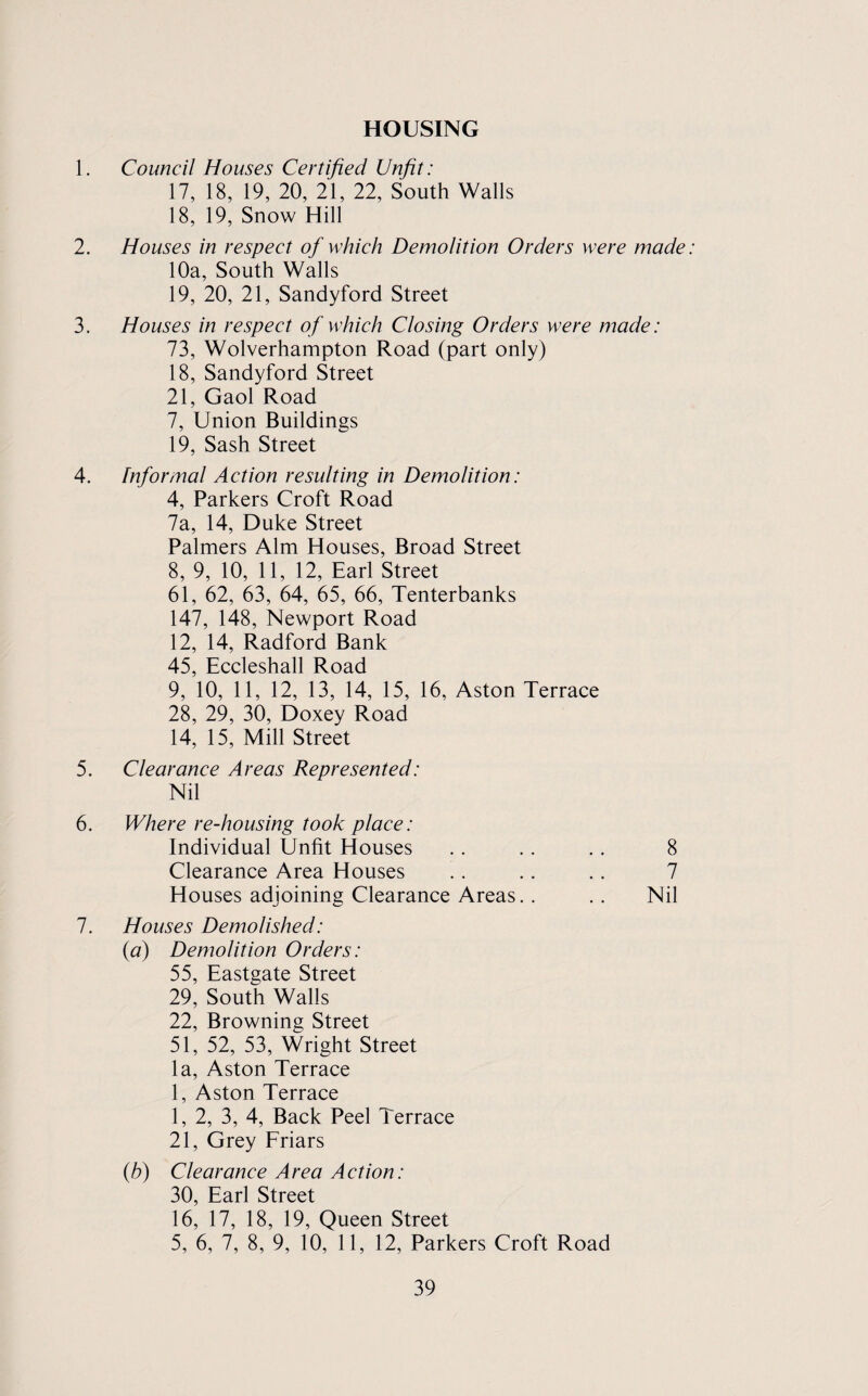 HOUSING 1. Council Houses Certified Unfit: 17, 18, 19, 20, 21, 22, South Walls 18, 19, Snow Hill 2. Houses in respect of which Demolition Orders were made: 10a, South Walls 19, 20, 21, Sandyford Street 3. Houses in respect of which Closing Orders were made: 73, Wolverhampton Road (part only) 18, Sandyford Street 21, Gaol Road 7, Union Buildings 19, Sash Street 4. Informal Action resulting in Demolition: 4, Parkers Croft Road 7a, 14, Duke Street Palmers Aim Houses, Broad Street 8, 9, 10, 11, 12, Earl Street 61, 62, 63, 64, 65, 66, Tenterbanks 147, 148, Newport Road 12, 14, Radford Bank 45, Eccleshall Road 9, 10, 11, 12, 13, 14, 15, 16, Aston Terrace 28, 29, 30, Doxey Road 14, 15, Mill Street 5. Clearance Areas Represented: Nil 6. Where re-housing took place: Individual Unfit Houses .. .. .. 8 Clearance Area Houses .. .. .. 7 Houses adjoining Clearance Areas.. .. Nil 7. Houses Demolished: {a) Demolition Orders: 55, Eastgate Street 29, South Walls 22, Browning Street 51, 52, 53, Wright Street la, Aston Terrace 1, Aston Terrace 1, 2, 3, 4, Back Peel Terrace 21, Grey Friars {h) Clearance Area Action: 30, Earl Street 16, 17, 18, 19, Queen Street 5, 6, 7, 8, 9, 10, 11, 12, Parkers Croft Road