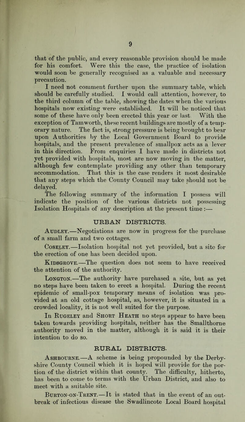 that of the public, and every reasonable provision should be made for his comfort. Were this the case, the practice of isolation would soon be generally recognised as a valuable and necessary precaution. I need not comment further upon the summary table, which should be carefully studied. I would call attention, however, to the third column of the table, showing the dates when the various hospitals now existing were established. It will be noticed that some of these have only been erected this year or last With the exception of Tamworth, these recent buildings are mostly of a temp¬ orary nature. The fact is, strong pressure is being brought to bear upon Authorities by the Local Government Board to provide hospitals, and the present prevalence of smallpox acts as a lever in this direction. From enquiries I have made in districts not yet provided with hospitals, most are now moving in the matter, although few contemplate providing any other than temporary accommodation. That this is the case renders it most desirable that any steps which the County Council may take should not be delayed. The following summary of the information I possess will indicate the position of the various districts not possessing Isolation Hospitals of any description at the present time :— URBAN DISTRICTS. Audley.—Negotiations are now in progress for the purchase of a small farm and two cottages. Coseley.—Isolation hospital not yet provided, but a site for the erection of one has been decided upon. Kidsgrove.—The question does not seem to have received the attention of the authority. Longton.—The authority have purchased a site, but as yet no steps have been taken to erect a hospital. During the recent epidemic of small-pox temporary means of isolation was pro¬ vided at an old cottage hospital, as, however, it is situated in a crowded locality, it is not well suited for the purpose. In Rugeley and Short Heath no steps appear to have been taken towards providing hospitals, neither has the Smallthorne authority moved in the matter, although it is said it is their intention to do so. RURAL DISTRICTS. Ashbourne.—A scheme is being propounded by the Derby¬ shire County Council which it is hoped will provide for the por¬ tion of the district within that county. The difficulty, hitherto, has been to come to terms with the Urban District, and also to meet with a suitable site. Burton-on-Trent.—It is stated that in the event of an out¬ break of infectious disease the Swadlincote Local Board hospital