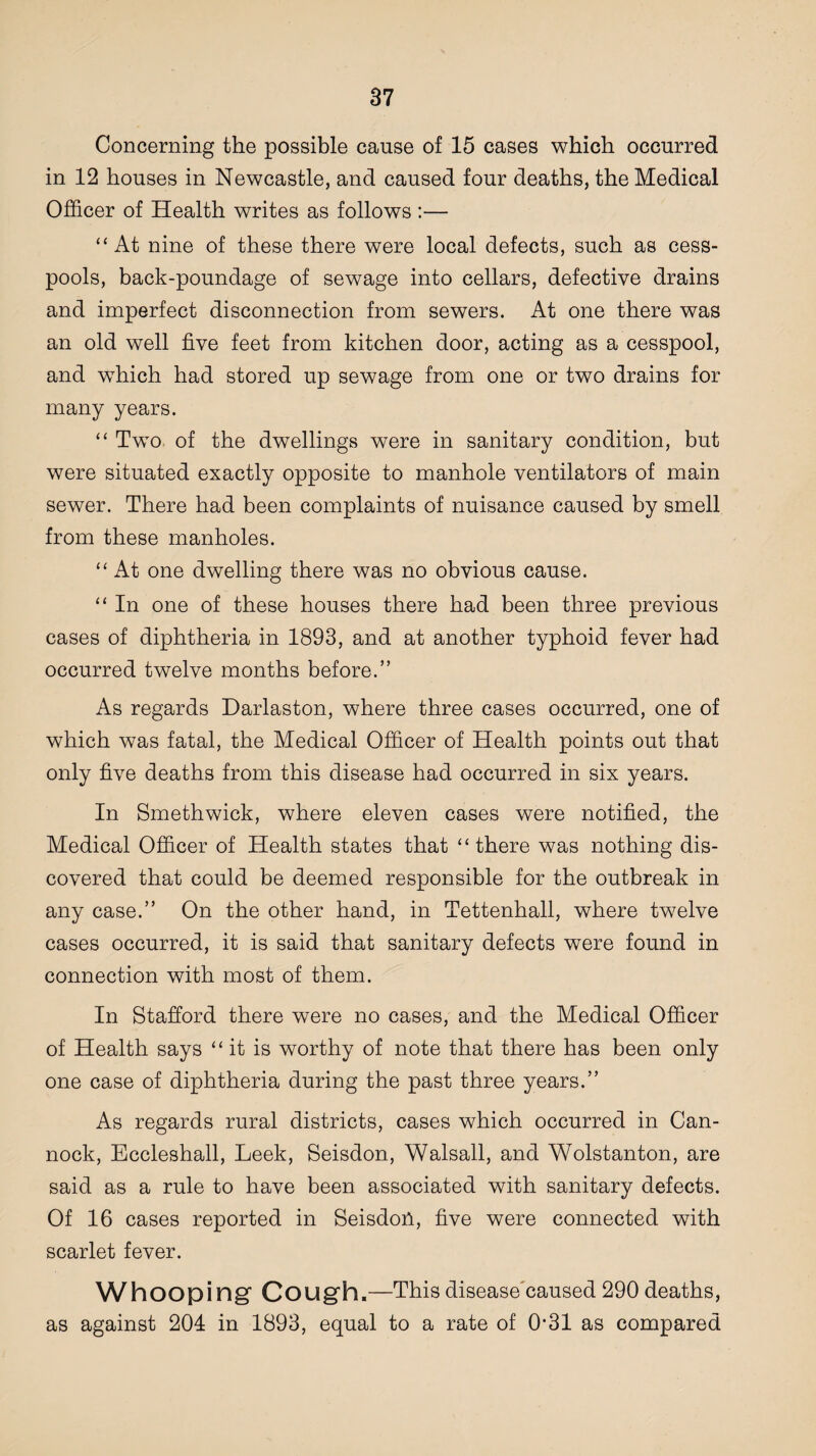 Concerning the possible cause of 15 cases which occurred in 12 houses in Newcastle, and caused four deaths, the Medical Officer of Health writes as follows :— “At nine of these there were local defects, such as cess¬ pools, back-poundage of sewage into cellars, defective drains and imperfect disconnection from sewers. At one there was an old well five feet from kitchen door, acting as a cesspool, and which had stored up sewage from one or two drains for many years. “ Two of the dwellings were in sanitary condition, but were situated exactly opposite to manhole ventilators of main sewer. There had been complaints of nuisance caused by smell from these manholes. “ At one dwelling there was no obvious cause. “ In one of these houses there had been three previous cases of diphtheria in 1893, and at another typhoid fever had occurred twelve months before.” As regards Darlaston, where three cases occurred, one of which was fatal, the Medical Officer of Health points out that only five deaths from this disease had occurred in six years. In Smethwick, where eleven cases were notified, the Medical Officer of Health states that “there was nothing dis¬ covered that could be deemed responsible for the outbreak in any case.” On the other hand, in Tettenhall, where twelve cases occurred, it is said that sanitary defects were found in connection with most of them. In Stafford there were no cases, and the Medical Officer of Health says “it is worthy of note that there has been only one case of diphtheria during the past three years.” As regards rural districts, cases which occurred in Can¬ nock, Eccleshall, Leek, Seisdon, Walsall, and Wolstanton, are said as a rule to have been associated with sanitary defects. Of 16 cases reported in SeisdoU, five were connected with scarlet fever. Whooping1 Cough.—This disease caused 290 deaths, as against 204 in 1893, equal to a rate of 0’31 as compared