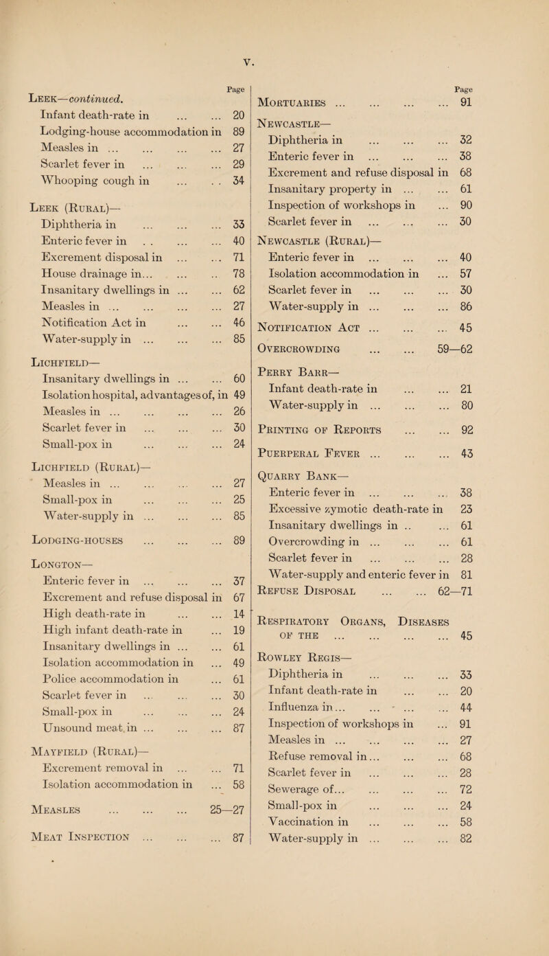 Page Leek—continued. Infant death-rate in . 20 Lodging-house accommodation in 89 Measles in.27 Scarlet fever in ... ... ... 29 Whooping cough in .34 Leek (Rural)— Diphtheria in . 33 Enteric fever in . . ... ... 40 Excrement disposal in . 71 House drainage in... ... .. 78 Insanitary dwellings in. 62 Measles in ... ... ... ... 27 Notification Act in . 46 Water-supply in . 85 Lichfield— Insanitary dwellings in ... ... 60 Isolation hospital, advantages of, in 49 Measles in.26 Scarlet fever in ... ... ... 30 Small-pox in ... ... ... 24 Lichfield (Rural)— Measles in ... ... ... ... 27 Sinall-pox in ... ... ... 25 Water-supply in ... ... ... 85 Lodging-houses . 89 Longton— Enteric fever in . 37 Excrement and refuse disposal in 67 High death-rate in ... ... 14 High infant death-rate in ... 19 Insanitary dwellings in ... ... 61 Isolation accommodation in ... 49 Police accommodation in ... 61 Scarlet fever in . 30 Small-pox in ... . 24 Unsound meat in ... ... ... 87 Mayfield (Rural)— Excrement removal in ... ... 71 Isolation accommodation in ... 58 Measles . 25—27 Meat Inspection . 87 Page Mortuaries. 91 Newcastle— Diphtheria in . ... 32 Enteric fever in 38 Excrement and refuse disposal in 68 Insanitary property in ... 61 Inspection of workshops in ... 90 Scarlet fever in . 30 Newcastle (Rural)— Enteric fever in . ... 40 Isolation accommodation in ... 57 Scarlet fever in . ... 30 Water-supply in. ... 86 Notification Act. ... 45 Overcrowding . 59- -62 Perry Barr— Infant death-rate in ... 21 Water-supply in ... ... 80 Printing of Reports ... 92 Puerperal Fever . ... 43 Quarry Bank— Enteric fever in .. j 38 Excessive zymotic death-rate in 23 Insanitary dwellings in .. ... 61 Overcrowding in ... ... 61 Scarlet fever in . ... 28 Water-supply and enteric fever in 81 Refuse Disposal . 62- -71 Respiratory Organs, Diseases OF THE . 45 Rowley Regis— Diphtheria in 33 Infant death-rate in 20 Influenza in... ... - ... 44 Inspection of workshops in 91 Measles in. 27 Refuse removal i n... 68 Scarlet fever in . 28 Sewerage of. 72 Small-pox in . 24 Vaccination in 58 Water-supply in . 82