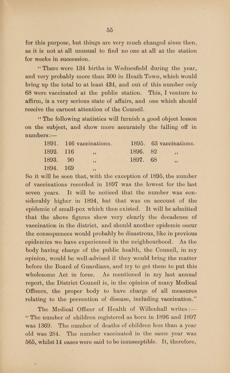 for this purpose, but things are very much changed since then, as it is not at all unusual to find no one at all at the station for weeks in succession. “ There were 134 births in Wednesfield during the year, and very probably more than 300 in Heath Town, which would bring up the total to at least 434, and out of this number only 68 were vaccinated at the public station. This, I venture to affirm, is a very serious state of affairs, and one which should receive the earnest attention of the Council. “ The following statistics will furnish a good object lesson on the subject, and show more accurately the falling off in numbers:— 1891. 146 vaccinations. 1895. 63 vaccinations. 1892. 116 1896. 82 1893. 90 1897. 68 1894. 169 So it will be seen that, with the exception of 1895, the number of vaccinations recorded in 1897 was the lowest for the last seven years. It will be noticed that the number was con¬ siderably higher in 1894, but that was on account of the epidemic of small-pox which then existed. It will be admitted that the above figures shew very clearly the decadence of vaccination in the district, and should another epidemic occur the consequences would probably be disastrous, like in previous epidemics we have experienced in the neighbourhood. As the body having charge of the public health, the Council, in my opinion, would be well-advised if they would bring the matter before the Board of Guardians, and try to get them to put this wholesome Act in force. As mentioned in my last annual report, the District Council is, in the opinion of many Medical Officers, the proper body to have charge of all measures relating to the prevention of disease, including vaccination.” The Medical Officer of Health of Willenhall writes “ The number of children registered as bom in 1896 and 1897 was 1369. The number of deaths of children less than a year old was 284. The number vaccinated in the same year was 565, whilst 14 cases were said to be insusceptible. It, therefore,