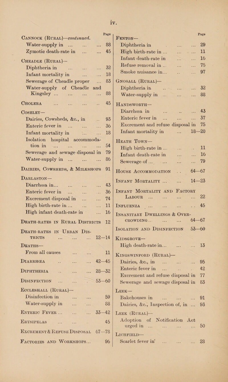 Page Cannock (Rural)—continued. Water-supply in . ... 88 Zymotic death-rate in ... 45 Cheadle (Rural)— Diphtheria in ... 32 Infant mortality in 18 Sewerage of Cheadle proper 83 Water-supply of Cheadle and Kingsley. ... 88 Cholera . 45 Coseley— Dairies, Cowsheds, &c., in 93 Enteric fever in . 36 Infant mortality in 18 Isolation hospital accommoda- tion in • ... 54 Sewerage and sewage disposal in 79 Water-supply in ... ... 86 Dairies, Cowsheds, & Milkshops 91 Darlaston— Diarrhoea in... ... 43 Enteric fever in 36 Excrement disposal in 74 High birth-rate in ... 11 High infant death-rate in ... 16 Death-rates in Rural Districts 12 Death-rates in Urban Dis- tricts . 12- -14 Deaths— From all causes 11 Diarrhoea .. . 42- -45 Diphtheria .. . 28- -32 Disinfection . 53- -60 Eccleshall (Rural)— Disinfection in 59 Water-supply in 88 Enteric Fever. 33- -42 Erysipelas . 45 Excrement & Refuse Disposal 67- -78 Factories and Workshops... 96 Page Fenton— Diphtheria in , ... ... 29 High birth-rate in ... ... ... 11 Infant death-rate in ... ... 16 Refuse removal in ... ... ... 75 Smoke nuisance in... .. ... 97 GtNOSall (Rural)— Diphtheria in .. ... ... 32 Water-supply in ... 88 Handsworth— Diarrhoea in ... .. ... 43 Enteric fever in ... ... ... 37 Excrement and refuse disposal in 75 Infant mortality in ... 18—20 Heath Town— High birth-rate in ... ... .. 11 Infant death-rate in ... ... 16 Sewerage of ... . 79 House Accommodation . . 64—67 Infant Mortality. 14—23 Infant Mortality and Factory Labour . 22 Influenza .45 Insanitary Dwellings & Over¬ crowding . 64—67 Isolation and Disinfection 53—60 Kidsgrove— High death-rate in... ... ... 13 Kingswinford (Rural)— Dairies, &c., in ... ... ... 95 Enteric fever in ... .. 42 Excrement and refuse disposal in 77 Sewerage and sewage disposal in 83 Leek— Bakehouses in .91 Dairies, &c., Inspection of, in ... 93 Leek (Rural)— Adoption of Notification Act urged in ... ... ... ... 50 Lichfield— Scarlet fever in ... ... ... 28