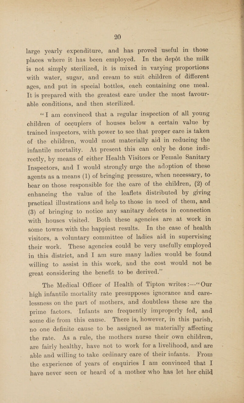 Summary of the Year’s Work of the Sanitary Committee of the County Council, with General Comments on Public Health Administration. As regards the summary of the work of the Sanitary Committee, I would point out that the year embraces a period of twelve months ending June 30th, 1903, as the last summary covered the ground up to the end of June, 1902. So far as that portion of the Report which deals with the reports of District Medical Officers of Health is concerned the period covered embraces 1902 only. The routine work under the Rivers Pollution Prevention Act has proceeded on former lines. The systematic work of inspecting existing sewage disposal works, and the collection of samples of sewage effluents, and of river water at fixed points on streams, has been conducted uninterruptedly as far as possible, but, as was the case last year, the samples analysed have not reached the numbers of some former years, owing chiefly to the time which has been occupied in con¬ nection with outbreaks of small-pox, and in the negotiations for the formation of two large joint areas for making provision for the isolation of such cases. In all, 226 analyses have been made, compared with 230 the previous year. The samples analysed comprised the following:—Sewage effluents, 164 ; river waters, 44 ; and well waters, &c., 18. It is customary to call the Committee’s attention at the time to any irregularities which are noted in the management of sewage works, and the responsible Authorities in such cases are invariably communicated with. To comment at all fully on the action which has been taken during the year in the matter of rivers pollution would require more space than can well be devoted to one subject in a Report of this description. Still, it may be useful to refer, shortly, to the more important questions in this depart¬ ment of the Sanitary Committee’s work which have received attention. As regards the extensions and improvements at the Birmingham, Tame, and Rea District Sewage Disposal Works,