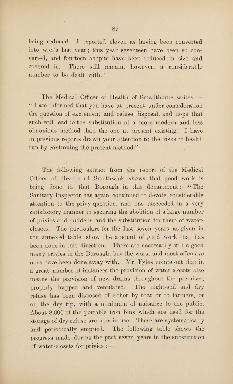 102 not strike me as being satisfactory from a public health point of view. The advantage to the public of a clean and healthy milk supply is beyond question.” Following upon this paragraph is a very concise report by the Sanitary Inspector of the district, setting forth the general conditions met with in his inspection of the slaughter-houses. It would appear from the report of the Medical Officer of Health of Coseley that the question does not receive that attention at the hands of the Authority which its importance demands. He says :—“ I found that two cowkeepers keep 20—40 cows, one keeps 15, one 13, one seven, and 10 live or less. “ The air-space which each cow had, calculated by the actual number in the shed at the time of my visit, was in two cases less than 400 cubic feet, in eight it was more than 400 but less than 600 cubic feet, and in the remainder upwards of 600. “ At five of the premises the sheds are brick buildings, at the others wooden ones, some with galvanised iron roofs. They are all ventilated, either in side or roof, some not efficiently. The lighting was mostly very bad, at four no lighting at all, and in others the window area being far too small. There would be more light if the glass was kept clean, which it was not. “ All have bricked floors, but not more than one or two showed any appearance of being kept in the clean condition directed by the regulations. The drain channels in many cases are badly laid and uneven. “ In five cases the drainage is not conveyed away to a suitable distance from the shed, in the manner described in the regulations. In some cases the fodder is kept in the shed. The shed at Parkfield Colliery, which I mentioned in my last annual report as not being fit to be recognised as a cow¬