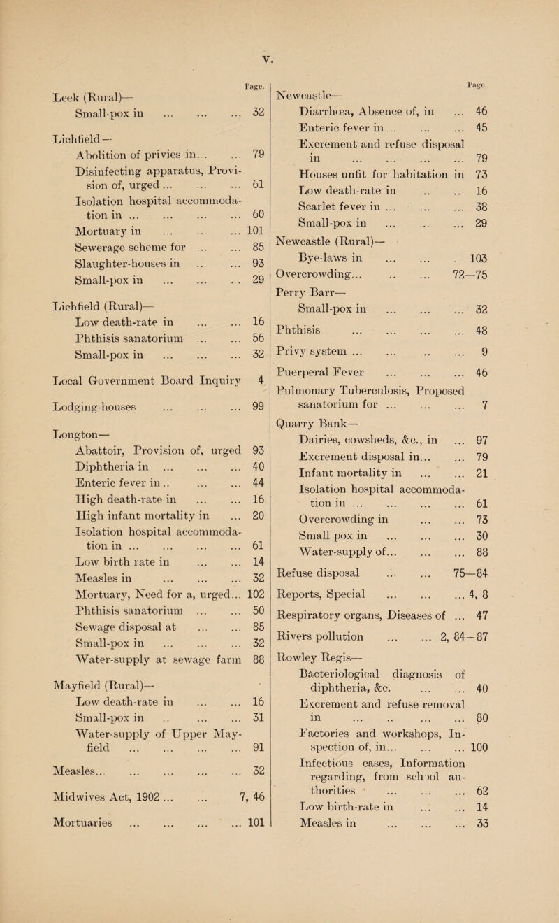 Page. Leek (Rural)— Small-pox in . 32 Lichfield — Abolition of privies in.79 Disinfecting apparatus, Provi¬ sion of, urged. 61 Isolation hospital accommoda¬ tion in. 60 Mortuary in ... 101 Sewerage scheme for . 85 Slaughter-houses in ... ... 93 Small-pox in . . . 29 Lichfield (Rural)— Low death-rate in ... ... 16 Phthisis sanatorium ... ... 56 Small-pox in . 32 Local Government Board Inquiry 4 Lodging-houses . 99 Longton— Abattoir, Provision of, urged 93 Diphtheria in . 40 Enteric fever in.. ... ... 44 High death-rate in ... ... 16 High infant mortality in ... 20 Isolation hospital accommoda¬ tion in ... ... ... ... 61 Low birth rate in . 14 Measles in ... ... ... 32 Mortuary, Need for a, urged... 102 Phthisis sanatorium . 50 Sewage disposal at ... ... 85 Small-pox in . ... 32 Water-supply at sewage farm 88 Mayfield (Rural)— Low death-rate in . 16 Small-pox in ... ... ... 31 Water-supply of Upper May- field . 91 Measles... ... ... ... ... 32 Midwives Act, 1902 . 7, 46 Mortuaries ... ... ... ... 101 Page. Newcastle— Diarrhma, Absence of, in ... 46 Enteric fever in... ... ... 45 Excrement and refuse disposal in . 79 Houses unfit for habitation in 73 Low death-rate in ... ... 16 Scarlet fever in ... 38 Small-pox in ... ... ... 29 Newcastle (Rural)— Bye-laws in . 103 Overcrowding... . 72—75 Perry Barr—- Small-pox in . 32 Phthisis .48 Privy system. 9 Puerperal Fever ... 46 Pulmonary Tuberculosis, Proposed sanatorium for ... ... ... 7 Quarry Bank— Dairies, cowsheds, &c., in ... 97 Excrement disposal in... ... 79 Infant mortality in ... ... 21 Isolation hospital accommoda¬ tion in. 61 Overcrowding in . 73 Small pox in ... ... ... 30 Water-supply of. 88 Refuse disposal . 75—84 Reports, Special .4, 8 Respiratory organs, Diseases of ... 47 Rivers pollution .2, 84—87 Rowley Regis- Bacteriological diagnosis of diphtheria, &c*. 40 Excrement and refuse removal in . 80 Factories and workshops, In¬ spection of, in.100 Infectious cases, Information regarding, from school au¬ thorities ' ... ... ... 62 Low birth-rate in . 14 Measles in . 33