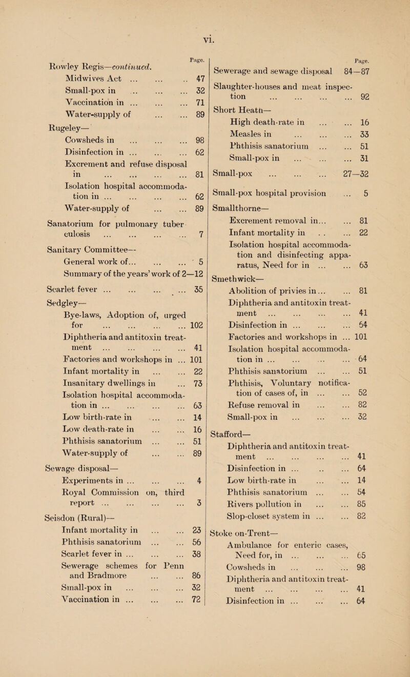 Rowley Regis—continued. Midwives Act . Small-pox in Vaccination in. Water-supply of . Rugeley— Cowsheds in . Disinfection in ... Excrement and refuse disposal in . Isolation hospital accommoda¬ tion in ... . Water-supply of . Sanatorium for pulmonary tuber culosis . Sanitary Committee— General work of. Summary of the years’work of 2- Scarlet fever.. . Sedgley— Bye-laws, Adoption of, urged for . Diphtheria and antitoxin treat¬ ment ... ... . Factories and workshops in ... Infant mortality in . Insanitary dwellings in Isolation hospital accommoda¬ tion in ... Low birth-rate in . Low death-rate in . Phthisis sanatorium . Water-supply of Sewage disposal— Experiments in. Royal Commission on, third report ... . Seisdon (Rural)— Infant mortality in . Phthisis sanatorium . Scarlet fever in. Sewerage schemes for Penn and Bradmore Small-pox in . Vaccination in. Page. Sewerage and sewage disposal 84 -87 Slaughter-houses and meat inspec¬ tion . 92 Short Heath— High death-rate in , .. 16 Measles in 33 Phthisis sanatorium ... 51 Small-pox in ... 31 Small-pox 27- -32 Small-pox hospital provision . .. 5 Smallthorne— Excrement removal in... ... 81 Infant mortality in . . .... 22 Isolation hospital accommoda¬ tion and disinfecting appa¬ ratus, Need for in ... 63 Smethwick— Abolition of privies in... ... 81 Diphtheria and antitoxin ment treat- 41 Disinfection in. . . . 64 Factories and workshops in ... 101 Isolation hospital accommoda¬ tion in. ... ... 64 Phthisis sanatorium . 51 Phthisis, Voluntary notifica¬ tion of cases of, in ... ... 52 Refuse removal in . 82 Small-pox in . 32 Stafford— Diphtheria and antitoxin treat- ment . ... 41 Disinfection in ... ... 64 Low birth-rate in ... 14 Phthisis sanatorium ... ... 54 Rivers pollution in ... 85 Slop-closet system in ... ... 82 Stoke on-Trent— Ambulance for enteric cases, Need for, in . 65 Cowsheds in . 98 Diphtheria and antitoxin treat¬ ment . ... ... 41 Disinfection in. 64 Page. . 47 . 32 . 71 . 89 . 98 . 62 l . 81 . 62 . 89 7 ' 5 1-12 35 102 41 101 22 73 63 14 16 51 89 4 3 23 56 38 86 32 72