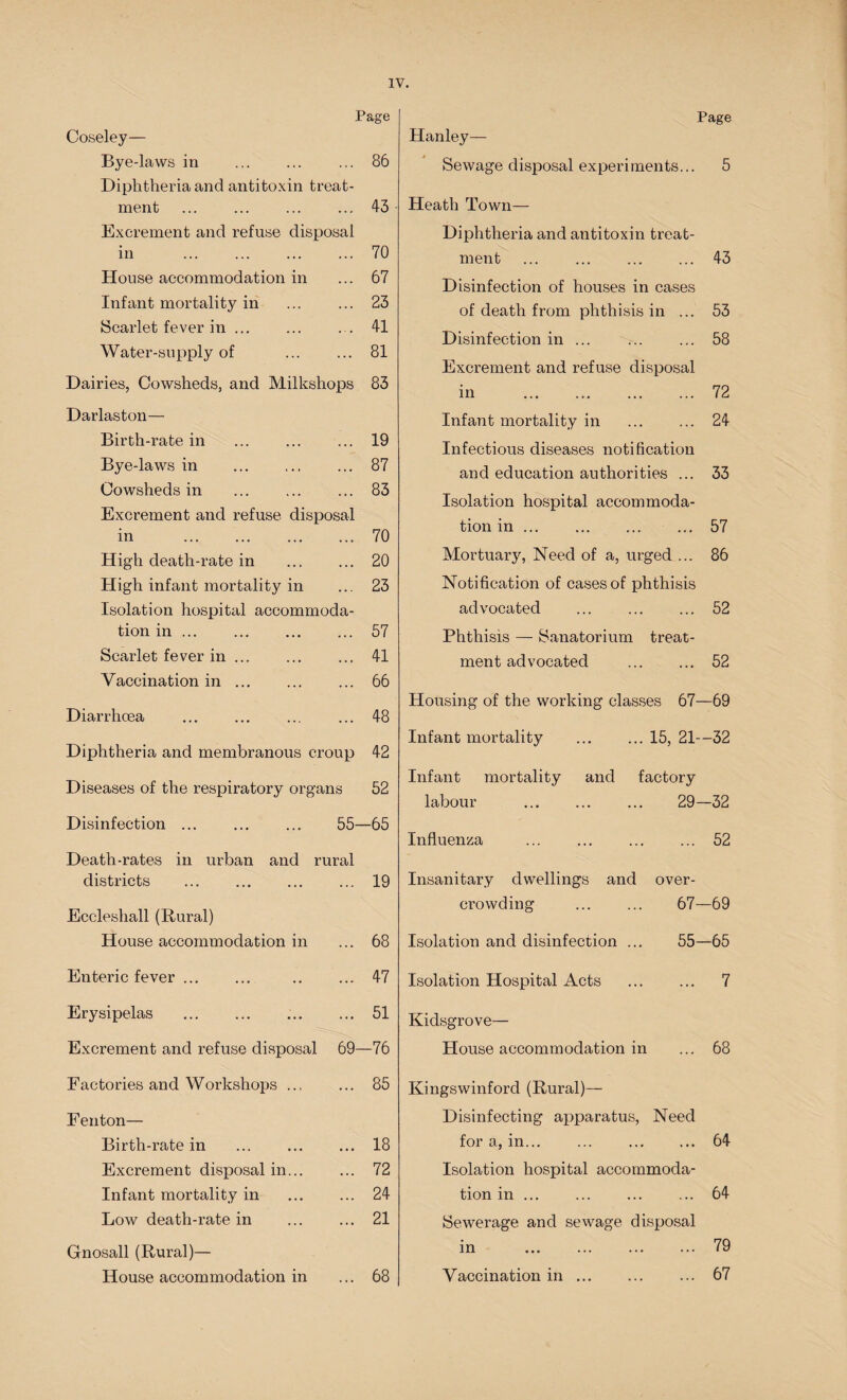 Page Coseley— Bye-laws in . ... 86 Diphtheria and antitoxin treat¬ ment ... ... 43 Excrement and refuse disposal in .70 House accommodation in ... 67 Infant mortality in ... ... 23 Scarlet fever in. ... 41 Water-supply of ... ... 81 Dairies, Cowsheds, and Milkshops 83 Darlaston— Birth-rate in ... ... ... 19 Bye-laws in . ... 87 Cowsheds in . 83 Excrement and refuse disposal in .70 High death-rate in . 20 High infant mortality in ... 23 Isolation hospital accommoda¬ tion in ... 57 Scarlet fever in. 41 Vaccination in. 66 Diarrhoea . ... 48 Diphtheria and membranous croup 42 Diseases of the respiratory organs 52 Disinfection ... ... ... 55—65 Death-rates in urban and rural districts . 19 Eccleshall (Rural) House accommodation in ... 68 Enteric fever. 47 Erysipelas .51 Excrement and refuse disposal 69—76 Factories and Workshops. 85 Fenton— Birth-rate in . 18 Excrement disposal in. 72 Infant mortality in . 24 Low death-rate in . 21 Gnosall (Rural)— House accommodation in ... 68 Page Hanley— Sewage disposal experiments... 5 Heath Town— Diphtheria and antitoxin treat¬ ment . 43 Disinfection of houses in cases of death from phthisis in ... 53 Disinfection in ... 58 Excrement and refuse disposal in .72 Infant mortality in . 24 Infectious diseases notification and education authorities ... 33 Isolation hospital accommoda¬ tion in ... 57 Mortuary, Need of a, urged ... 86 Notification of cases of phthisis advocated . 52 Phthisis — Sanatorium treat¬ ment advocated . 52 Housing of the working classes 67—69 Infant mortality .15, 21—32 Infant mortality and factory labour . 29—32 Influenza .52 Insanitary dwellings and over¬ crowding . 67—69 Isolation and disinfection ... 55—65 Isolation Hospital Acts . 7 Kidsgrove— House accommodation in ... 68 Kingswinford (Rural)— Disinfecting apparatus, Need for a, in. 64 Isolation hospital accommoda¬ tion in. 64 Sewerage and sewage disposal in .79 Vaccination in. 67