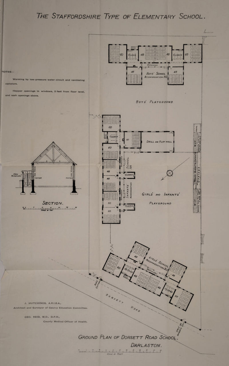 The Staffordshire Type of Elementary School. IOTES Warming by low-pressure water circuit and ventilating radiators. Hopper openings in windows, 5 feet from floor level, and sash openings above. Open Verandah J. HUTCHINGS, A.R.I.B.A., Architect and Surveyor of County Education Committee. CEO. REID, M.D., D.P.H., County Medical Officer of Health. Ground Plan of Dorsett Road School, Darlaston . luuiu ui_L_L-1-L J I L SO fC 70 B(. SC NO i/0 -i—i—i. i I i T-.i 7 i 1_l_J •Scale of Feet