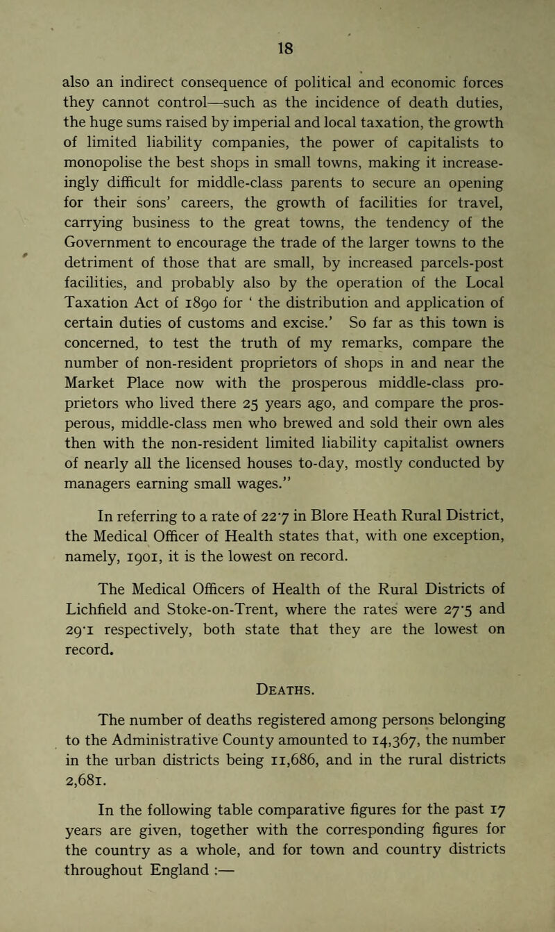 also an indirect consequence of political and economic forces they cannot control—such as the incidence of death duties, the huge sums raised by imperial and local taxation, the growth of limited liability companies, the power of capitalists to monopolise the best shops in small towns, making it increase- ingly difficult for middle-class parents to secure an opening for their sons’ careers, the growth of facilities for travel, carrying business to the great towns, the tendency of the Government to encourage the trade of the larger towns to the detriment of those that are small, by increased parcels-post facilities, and probably also by the operation of the Local Taxation Act of 1890 for ‘ the distribution and application of certain duties of customs and excise.’ So far as this town is concerned, to test the truth of my remarks, compare the number of non-resident proprietors of shops in and near the Market Place now with the prosperous middle-class pro¬ prietors who lived there 25 years ago, and compare the pros¬ perous, middle-class men who brewed and sold their own ales then with the non-resident limited liability capitalist owners of nearly all the licensed houses to-day, mostly conducted by managers earning small wages.” In referring to a rate of 227 in Blore Heath Rural District, the Medical Officer of Health states that, with one exception, namely, 1901, it is the lowest on record. The Medical Officers of Health of the Rural Districts of Lichfield and Stoke-on-Trent, where the rates were 27^5 and 2g-i respectively, both state that they are the lowest on record. Deaths. The number of deaths registered among persons belonging to the Administrative County amounted to 14,367, the number in the urban districts being 11,686, and in the rural districts 2,681. In the following table comparative figures for the past 17 years are given, together with the corresponding figures for the country as a whole, and for town and country districts throughout England :—