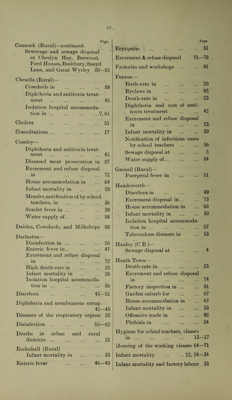 Cannock (Rural)—continued. Sewerage and sewage disposal at Cheslyn Hay, Brewood, Ford Houses, Bushbury,Sneyd Lane, and Great Wyrley 80—82 Cheadle (Rural)— Cowsheds in . 89 Diphtheria and antitoxin treat¬ ment . 45 Isolation hospital accommoda¬ tion in.7, 61 Cholera . 51 Consultations ... ... . 17 Coseley— Diphtheria and antitoxin treat¬ ment .42 Diseased meat prosecution in 87 Excrement and refuse disposal in . 72 House accommodation in ... 64 Infant mortality in . 29 Measles,notification of by school teachers, in . ... 36 Scarlet fever in. ... 39 Water supply of... ... ... 84 Dairies, Cowsheds, and Milkshops 88 Darlaston— Disinfection in. 56 Enteric fever in... ... ... 47 Excrement and refuse disposal in .72 High death-rate in . 23 Infant mortality in ... ... 26 Isolation hospital accommoda¬ tion in .56 Diarrhoea ... . 48—51 Diphtheria and membranous croup 41—45 Diseases of the respiratory organs 52 Disinfection. 55—62 Deaths in urban and rural districts.21 Eccleshall (Rural) Infant mortality in ... ... 33 Enteric fever . 46—48 Page. Erysipelas ... . ... 51 Excrement & refuse disposal 71—78 Factories and workshops . 91 Fenton— Birth-rate in . 20 Byelaws in ... . 93 Death-rate in . 23 Diphtheria and cost of anti¬ toxin treatment . 42 Excrement and refuse disposal in .73 Infant mortality in . 30 Notification of infectious cases by school teachers . 56 Sewage disposal at . 5 Water supply of. 84 Gnosall (Rural)— Puerperal fever in . 51 Handsworth— Diarrhoea in ... ... . 49 Excrement disposal in. 73 House accommodation in ... 65 , Infant mortality in . 30 Isolation hospital accommoda¬ tion in ... ... . 57 Tuberculous diseases in ... 53 Hanley (C.B.) — Sewage disposal at . 4 Heath Town— Death-rate in . Excrement and refuse disposal 23 in 74 Factory inspection in ... 91 Garden suburb for 67 House accommodation in 67 Infant mortality in 33 Offensive trade in 92 Phthisis in . 54 Hygiene for school teachers, classes in. 13-17 Housing of the working classes 64—71 Infant mortality .12, 24—34 Infant mortality and factory labour 33