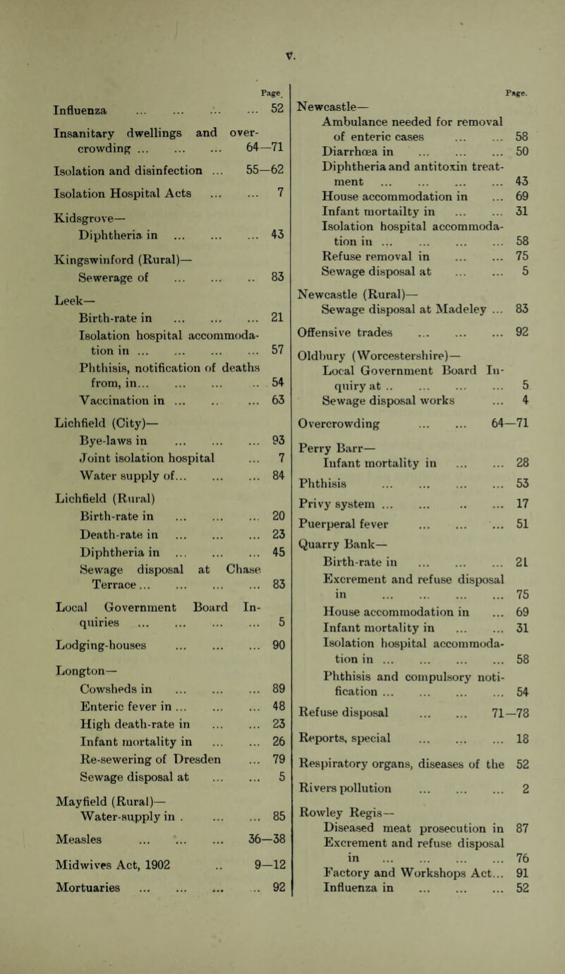 Influenza . Page. ... 52 Insanitary dwellings and over- crowding ... . 64—71 Isolation and disinfection ... 55-62 Isolation Hospital Acts ... 7 Kidsgrove— Diphtheria in . ... 43 Kingswinford (Rural)— Sewerage of .. 83 Leek— Birth-rate in . ... 21 Isolation hospital accommoda- tion in ... ... 57 Phthisis, notification of deaths from, in. .. 54 Vaccination in. ... 63 Lichfield (City)— Bye-laws in . ... 93 Joint isolation hospital ... 7 Water supply of. ... 84 Lichfield (Rural) Birth-rate in ... 20 Death-rate in . ... 23 Diphtheria in . ... 45 Sewage disposal at Chase. Terrace. ... 83 Local Government Board In- quiries . ... 5 Lodging-houses ... 90 Longton— Cowsheds in . ... 89 Enteric fever in. ... 48 High death-rate in ... 23 Infant mortality in ... 26 Re-sewering of Dresden ... 79 Sewage disposal at ... 5 Mayfield (Rural)— Water-supply in . ... 85 Measles . 36-38 Midwives Act, 1902 9-12 Mortuaries . ... 92 Page. Newcastle— Ambulance needed for removal of enteric cases ... ... 58 Diarrhoea in ... ... ... 50 Diphtheria and antitoxin treat¬ ment ... ... ... ... 43 House accommodation in ... 69 Infant mortality in ... ... 31 Isolation hospital accommoda¬ tion in.58 Refuse removal in ... ... 75 Sewage disposal at . 5 Newcastle (Rural)— Sewage disposal at Madeley ... 83 Offensive trades . 92 Oldbury (Worcestershire)— Local Government Board In¬ quiry at .. ... ... ... 5 Sewage disposal works ... 4 Overcrowding . 64—71 Perry Barr— Infant mortality in . 28 Phthisis .53 Privy system. 17 Puerperal fever . ... 51 Quarry Bank— Birth-rate in . 21 Excrement and refuse disposal in .75 House accommodation in ... 69 Infant mortality in . 31 Isolation hospital accommoda¬ tion in.58 Phthisis and compulsory noti¬ fication ... . ... 54 Refuse disposal . 71—78 Reports, special ... ... ... 18 Respiratory organs, diseases of the 52 Rivers pollution . 2 Rowley Regis — Diseased meat prosecution in 87 Excrement and refuse disposal in . 76 Factory and Workshops Act... 91 Influenza in . 52