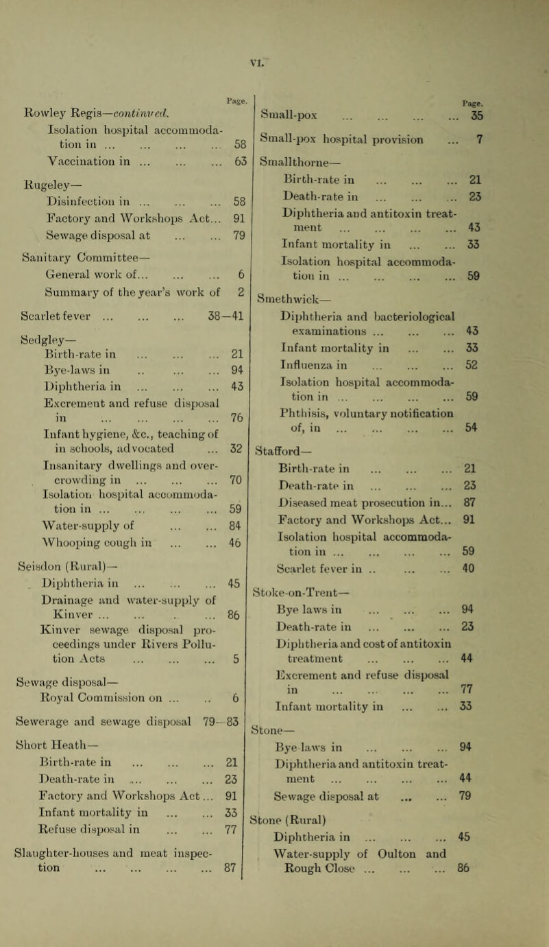 Rowley Regia—continved. Isolation hospital accommoda¬ tion in ... Vaccination in ... Rugeley— Disinfection in ... Factory and Workshops Act... Sewage, disposal at . Sanitary Committee- General work of... Summary of the year’s work of Scarlet fever. 38- Sedgley— Birth-rate in Bye-laws in Diphtheria in Excrement and refuse disposal in ... . Infant hygiene, &c., teaching of in schools, advocated Insanitary dwellings and over¬ crowding in . Isolation hospital accommoda¬ tion in. Water-supply of Whooping cough in . Seisdon (Rural)— Diphtheria in Drainage and water-supply of Kinver. Kinver sewage disposal pro¬ ceedings under Rivers Pollu¬ tion Acts . Sewage disposal— Royal Commission on ... Sewerage and sewage disposal 79- Short Heath- Birth-rate in . Death-rate in . Factory and Workshops Act... Infant mortality in . Refuse disposal in Slaughter-houses and meat inspec¬ tion . I’age. Small-pox .35 Small-pox hospital provision ... 7 Smallthorne— Birth-rate in . ... 21 Death-rate in ... ... ... 23 Diphtheria and antitoxin treat¬ ment .43 Infant mortality in . 33 Isolation hospital accommoda¬ tion in.59 Smethwick— Diphtheria and bacteriological examinations. 43 Infant mortality in ... ... 33 Influenza in ... 52 Isolation hospital accommoda¬ tion in. 59 Phthisis, voluntary notification of, in ... ... 54 Stafford— Birth-rate in ... 21 Death-rate in . 23 Diseased meat prosecution in... 87 Factory and Workshops Act... 91 Isolation hospital accommoda¬ tion in ... ... ... ... 59 Scarlet fever in .. 40 Stoke-on-Trent— Bye laws in .94 Death-rate in . 23 Diphtheria and cost of antitoxin treatment ... . 44 Excrement and refuse disposal in .77 Infant mortality in . 33 Stone— Bye laws in . 94 Diphtheria and antitoxin treat¬ ment . 44 Sewage disposal at . 79 Stone (Rural) Diphtheria in . 45 Water-supply of Oulton and Rough Close. 86 Page. 58 . 63 58 . 91 79 6 2 -41 21 94 43 76 32 70 59 84 46 45 86 5 6 -83 21 23 91 33 77 87