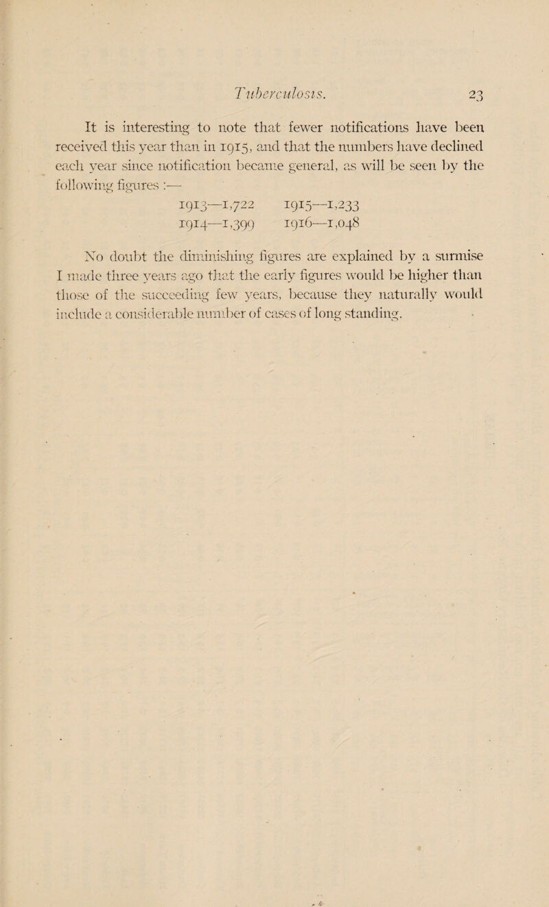 It is interesting to note that fewer notifications have been received tins year than in 1915, and that the numbers have declined each year since notification became general, as will be seen by the following figures :— 1913— 1,722 1915—1,233 1914— 1,399 1916—1,048 No doubt the diminishing figures are explained by a surmise I made three years ago tliat the early figures would be higher than those of the succeeding few years, because they naturally would iiiclude a considerable nuiiiber of cases of long standing.