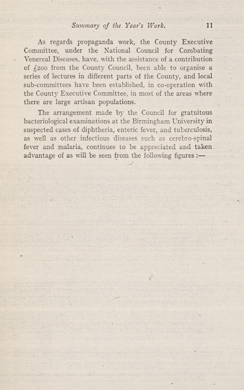 As regards propaganda work, the County Executive Committee, under the National Council for Combating Venereal Diseases, have, with the assistance of a contribution of £200 from the County Council, been able to organise a series of lectures in different parts of the County, and local sub-committees have been established, in co-operation with the Count}? Executive Committee, in most of the areas where there are large artisan populations. The arrangement made by the Council for gratuitous bacteriological examinations at the Birmingham University in suspected cases of diphtheria, enteric fever, and tuberculosis, as well as other infectious diseases such as cerebro-spinal fever and malaria, continues to be appreciated and taken advantage of as will be seen from the following figures :—