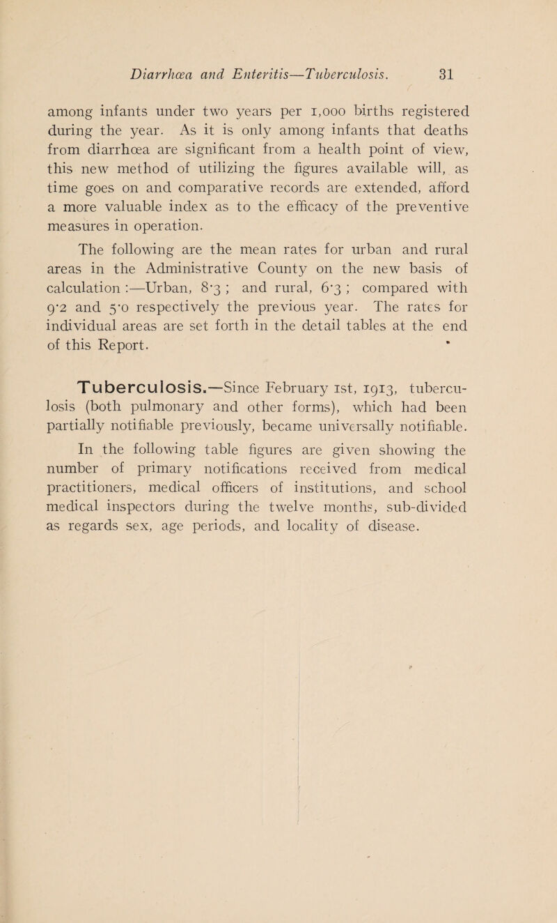 r among infants under two years per 1,000 births registered during the year. As it is only among infants that deaths from diarrhoea are significant from a health point of view, this new method of utilizing the figures available will, as time goes on and comparative records are extended, afford a more valuable index as to the efficacy of the preventive measures in operation. The following are the mean rates for urban and rural areas in the Administrative County on the new basis of calculation :—Urban, 8*3 ; and rural, 6‘3 ; compared with 9*2 and 5*0 respectively the previous year. The rates for individual areas are set forth in the detail tables at the end of this Report. Tuberculosis.—Since February 1st, 1913, tubercu¬ losis (both pulmonary and other forms), which had been partially notifiable previously, became universally notifiable. In the following table figures are given showing the number of primary notifications received from medical practitioners, medical officers of institutions, and school medical inspectors during the twelve months, sub-divided as regards sex, age periods, and locality of elisease.
