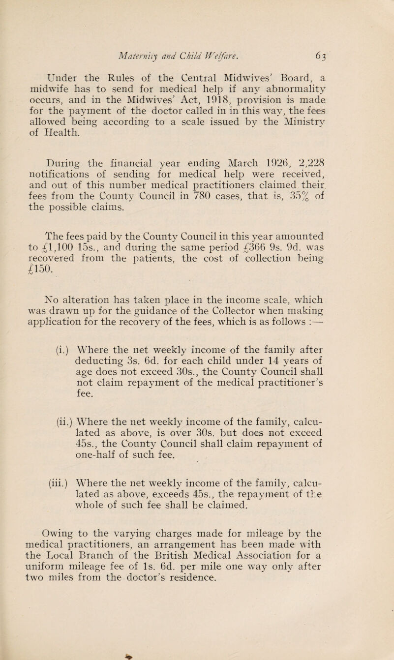 Under the Rules of the Central Midwives’ Board, a midwife has to send for medical help if any abnormality occurs, and in the Midwives’ Act, 1918, provision is made for the payment of the doctor called in in this way, the fees allowed being according to a scale issued by the Ministry of Health. During the financial year ending March 1926, 2,228 notifications of sending for medical help were received, and out of this number medical practitioners claimed their fees from the County Council in 780 cases, that is, 35% of the possible claims. The fees paid by the County Council in this year amounted to £1,100 15s., and during the same period £366 9s. 9d. was recovered from the patients, the cost of collection being £150. No alteration has taken place in the income scale, which was drawn up for the guidance of the Collector when making application for the recovery of the fees, which is as follows :— (i.) Where the net weekly income of the family after deducting 3s. 6d. for each child under 14 years of age does not exceed 30s., the County Council shall not claim repayment of the medical practitioner’s fee. (ii.) Where the net weekly income of the family, calcu¬ lated as above, is over 30s. but does not exceed 45s., the County Council shall claim repayment of one-half of such fee. (iii.) Where the net weekly income of the family, calcu¬ lated as above, exceeds 45s., the repayment of the whole of such fee shall be claimed. Owing to the varying charges made for mileage by the medical practitioners, an arrangement has been made with the Local Branch of the British Medical Association for a uniform mileage fee of Is. 6d. per mile one way only after two miles from the doctor’s residence.