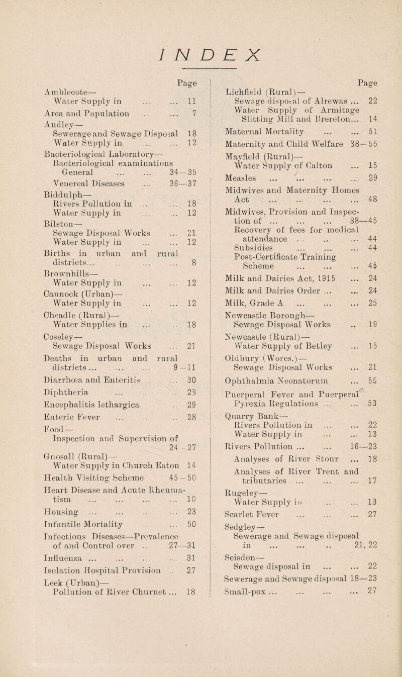 INDEX Page Amblecote— Water Supply in ... ... 11 Area and Population ... ... 7 Audley— Sewerage and Sewage Disposal 18 Water Supply in ... ... 12 Bacteriological Laboratory— Bacteriological examinations General ... ... 34—35 Venereal Diseases ... 36—37 Biddulph— Rivers Pollution in ... ... 18 Water Supply in ... ... 12 Bilston— Sewage Disposal Works ... 21 Water Supply in ... ... 12 Births in urban and rural districts... .. ... ... 8 Brownhills— Water Supply in ... ... 12 Cannock (Urban)— Water Supply in ... ... 12 Cheadle (Rural)— Water Supplies in ... 18 Coseley— Sewage Disposal Works ... 21 Deaths in urban and rural districts... ... ... 9 — 11 Diarrhoea and Enteritis . ... 30 Diphtheria ... .. 23 Encephalitis lethargica 29 Enteric Fever ... 28 Food — Inspection and Supervision of 24 -27 Gnosall (Rural) — Water Supply in Church Eaton 14 Health Visiting Scheme 45 — 50 Heart Disease and Acute Rheuma¬ tism ... ... ... ... 10 Housing ... ... ... ... 23 Infantile Mortality ... 50 Infectious Diseases—Prevalence of and Control over ... 27—31 Influenza ... ... ... ... 31 Isolation Hospital Provision 27 Leek (Urban)— Pollution of River Churnet ... 18 Page Lichfield (Rural) — Sewage disposal of Alrewas ... 22 Water Supply of Armitage Slitting Mill and Brereton... 14 Maternal Mortality ... ... 51 Maternity and Child Welfare 38— 55 Mayfield (Rural)— Water Supply of Calton ... 15 Measles ... ... ... .., 29 Midwives and Maternity Homes Midwives, Provision and Inspec¬ tion of ... ... ... 38—45 Recovery of fees for medical attendance ... .. ... 44 Subsidies ... ... ... 44 Post-Certificate Training Scheme ... ... ... 45 Milk and Dairies Act, 1915 ... 24 Milk and Dairies Order ... ... 24 Milk, Grade A ... ... ... 25 Newcastle Borough— Sewage Disposal Works .. 19 Newcastle (Rural) — Water Supply of Betley ... 15 Oldbury (Worcs.) — Sewage Disposal Works ... 21 Ophthalmia Neonatorum ... 55 Puerperal Fever and Puerperal Pyrexia Regulations ... ... 53 Quarry Bank— Rivers Pollution in ... ... 22 Water Supply in ... ... 13 Rivers Pollution ... ... 16—23 Analyses of River Stour ... 18 Analyses of River Trent and tributaries ... ... ... 17 Rugeley— Water Supply in .. ... 13 Scarlet Fever ... ... ... 27 Sedgley— Sewerage and Sewage disposal in ... ... .. 21, 22 Seisdon— Sewage disposal in ... ... 22 Sewerage and Sewage disposal 18—23 Small-pox ... ... ... ... 27