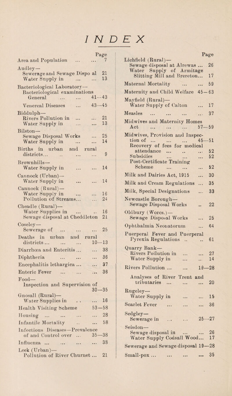 INDEX Page Area and Population ... ... 7 Audley— Sewerage and Sewage Dispo al 21 Water Supply in ... ... 13 Bacteriological Laboratory— Bacteriological examinations General CO Venereal Diseases 43—45 Biddulph— Rivers Pollution in ... 21 Water Supply in ... 13 Bilston— Sewage Disposal Works ... 25 Water Supply in ... 14 Births in urban and rural districts... ... 9 Brownhills—■ Water Supply in ... 14 Cannock (Urban)— Water Supply in ... 14 Cannock (Rural) — Water Supply in ... 16 Pollution of Streams... ... 24 Cheadle (Rural)— Water Supplies in .. 16 Sewage disposal at Cheddleton 21 Coseley— Sewerage of ... 25 Deaths in urban and rural districts... 10—13 Diarrhoea and Enteritis ... ... 38 Diphtheria ... 36 Encephalitis lethargica ... ... 37 Enteric Fever ... 36 Food— Inspection and Supervision of 30—35 Gnosall (Rural)— Water Supplies in . . ... 16 Health Visiting Scheme 53—58 Housing ... 28 Infantile Mortality ... 58 Infectious Diseases—Prevalence of and Control over ... 35—38 Influenza ... ... 38 Leek (Urban)— Pollution of River Churnet... 21 Page Lichfield (Rural) — Sewage disposal at Alrewas ... 26 Water Supply of Arrnitage Slitting Mill and Brereton... 17 Maternal Mortality ... ... 59 Maternit}' and Child Welfare 45—63 Mayfield (Rural)— Water Supply of Calton ... 17 Measles ... ... ... ... 37 Midwives and Maternity Homes Act ... ... ... 57—59 Midwives, Provision and Inspec¬ tion of. 45—51 Recovery of fees for medical attendance ... • * • 52 Subsidies ... 52 Post-Certificate Training Scheme « • • 52 Slilk and Dairies Act, 1915 • • * 30 Milk and Cream Regulations . . . 35 Milk, Special Designations ... 33 Newcastle Borough— Sewage Disposal Works •• 22 Oldbury (Worcs.) — Sewage Disposal Works ... 25 Ophthalmia Neonatorum ... 64 Puerperal Fever and Puerperal Pyrexia Regulations .. 61 Quarry Bank— Rivers Pollution in ... 27 Water Supply in • • 14 Rivers Pollution ... 19- -28 Analyses of River Trent tributaries and • • * 20 Rugelej'— Water Supply in ... 15 Scarlet Fever ... 36 Sedgley— Sewerage in 25- -27 Seisdon— Sewage disposal in ... ... 26 Water Supply Codsall Wood... 17 Sewerage and Sewage disposal 19—28 Small-pox... ... ... ... 35