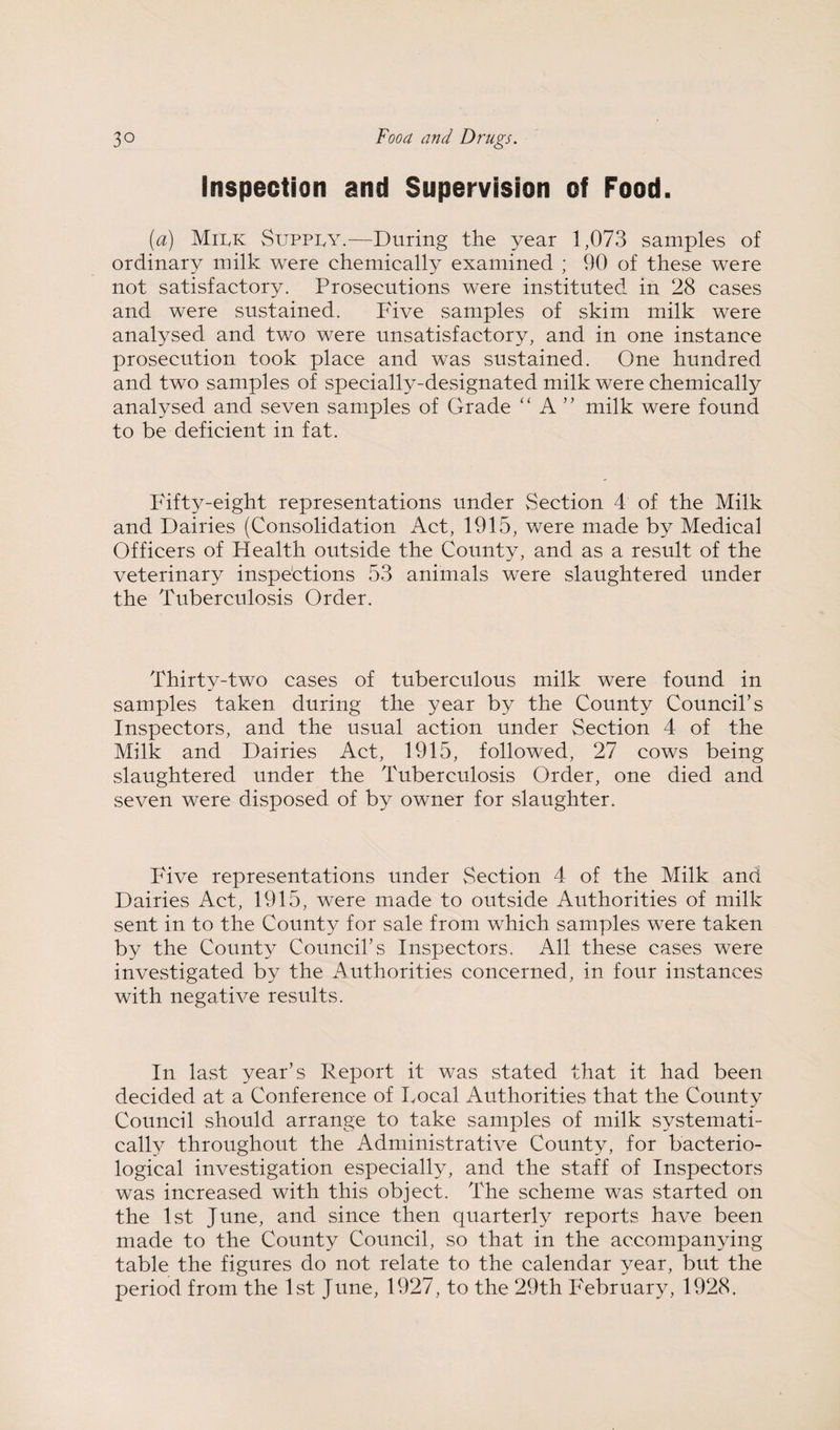 Inspection and Supervision of Food. (a) Milk Supply.—During the year 1,073 samples of ordinary milk were chemically examined ; 90 of these were not satisfactory. Prosecutions were instituted in 28 cases and were sustained. Five samples of skim milk were analysed and two were unsatisfactory, and in one instance prosecution took place and was sustained. One hundred and two samples of specially-designated milk were chemically analysed and seven samples of Grade “ A milk were found to be deficient in fat. Fifty-eight representations under Section 4 of the Milk and Dairies (Consolidation Act, 1915, were made by Medical Officers of Health outside the County, and as a result of the veterinary inspections 53 animals were slaughtered under the Tuberculosis Order. Thirty-two cases of tuberculous milk were found in samples taken during the year by the County Council’s Inspectors, and the usual action under Section 4 of the Milk and Dairies Act, 1915, followed, 27 cows being slaughtered under the Tuberculosis Order, one died and seven were disposed of by owner for slaughter. Five representations under Section 4 of the Milk and Dairies Act, 1915, were made to outside Authorities of milk sent in to the County for sale from which samples were taken by the County Council’s Inspectors. All these cases were investigated by the i^uthorities concerned, in four imstances with negative results. In last year’s Report it was stated that it had been decided at a Conference of Local Authorities that the County Council should arrange to take samples of milk systemati- calL^ throughout the Administrative County, for bacterio¬ logical investigation especially, and the staff of Inspectors was increased with this object. The scheme was started on the 1st June, and since then quarterly reports have been made to the County Council, so that in the accompanying table the figures do not relate to the calendar year, but the period from the 1st June, 1927, to the 29th February, 1928.