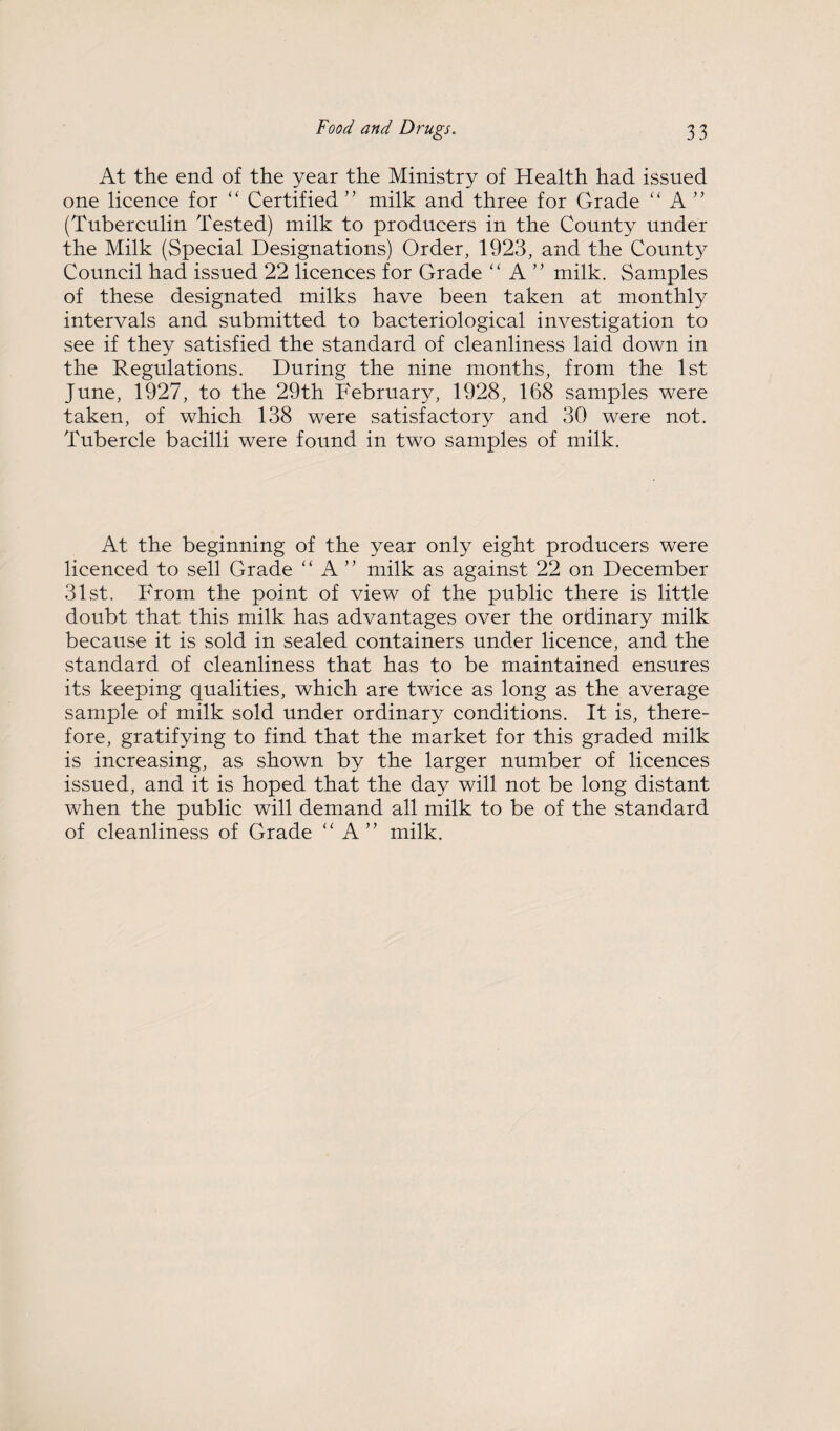 At the end of the year the Ministry of Health had issued one licence for “ Certified ” milk and three for Grade “ A ” (Tuberculin Tested) milk to producers in the County under the Milk (Special Designations) Order, 1923, and the Count}^ Council had issued 22 licences for Grade “ A milk. Samples of these designated milks have been taken at monthly intervals and submitted to bacteriological investigation to see if they satisfied the standard of cleanliness laid down in the Regulations. During the nine months, from the 1st June, 1927, to the 29th February, 1928, 168 samples were taken, of which 138 were satisfactory and 30 were not. Tubercle bacilli were found in two samples of milk. At the beginning of the year only eight producers were licenced to sell Grade “ A ’’ milk as against 22 on December 31st. From the point of view of the public there is little doubt that this milk has advantages over the ordinary milk because it is sold in sealed containers under licence, and the standard of cleanliness that has to be maintained ensures its keeping qualities, which are twice as long as the average sample of milk sold under ordinary conditions. It is, there¬ fore, gratifying to find that the market for this graded milk is increasing, as shown by the larger number of licences issued, and it is hoped that the day will not be long distant when the public will demand all milk to be of the standard of cleanliness of Grade ‘A” milk.