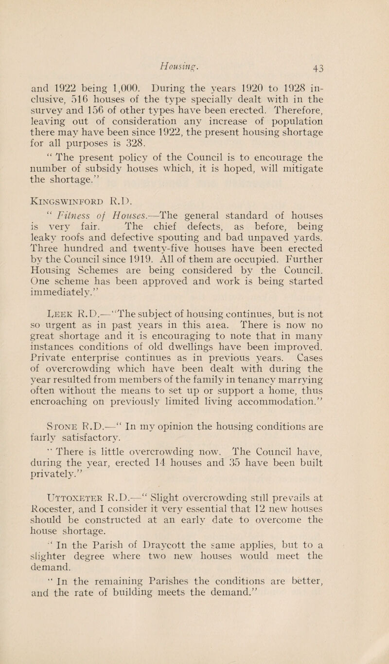 and 1922 being 1,000. During the years 1920 to 1928 in¬ clusive, 516 houses of the type specially dealt with in the survey and 156 of other types have been erected. Therefore, leaving out of consideration any increase of population there may have been since 1922, the present housing shortage for all purposes is 328. “The present policy of the Council is to encourage the number of subsidy houses which, it is hoped, will mitigate the shortage.’’ Kingswinford R.D. “ Fitness of Houses.—The general standard of houses is very fair. The chief defects, as before, being leaky roofs and defective spouting and bad unpaved yards. Three hundred and twenty-five houses have been erected by the Council since 1919. All of them are occupied. Further Housing Schemes are being considered by the Council. One scheme has been approved and work is being started immediately.” Peek R.D.—“The subject of housing continues, but is not so urgent as in past years in this aiea. There is now no great shortage and it is encouraging to note that in many instances conditions of old dwellings have been improved. Private enterprise continues as in previous years. Cases of overcrowding which have been dealt with during the year resulted from members of the family in tenancy marrying often without the means to set up or support a home, thus encroaching on previously limited living accommodation.” Stone R.D.—“ In my opinion the housing conditions are fairly satisfactory. “ There is little overcrowding now. The Council have, during the year, erected 14 houses and 35 have been built privately.” Uttoxeter R.D.t—“ Slight overcrowding still prevails at Rocester, and I consider it very essential that 12 new houses should be constructed at an early date to overcome the house shortage. “In the Parish of Draycott the same applies, but to a slighter degree where two new houses would meet the demand. “ In the remaining Parishes the conditions are better, and the rate of building meets the demand.”